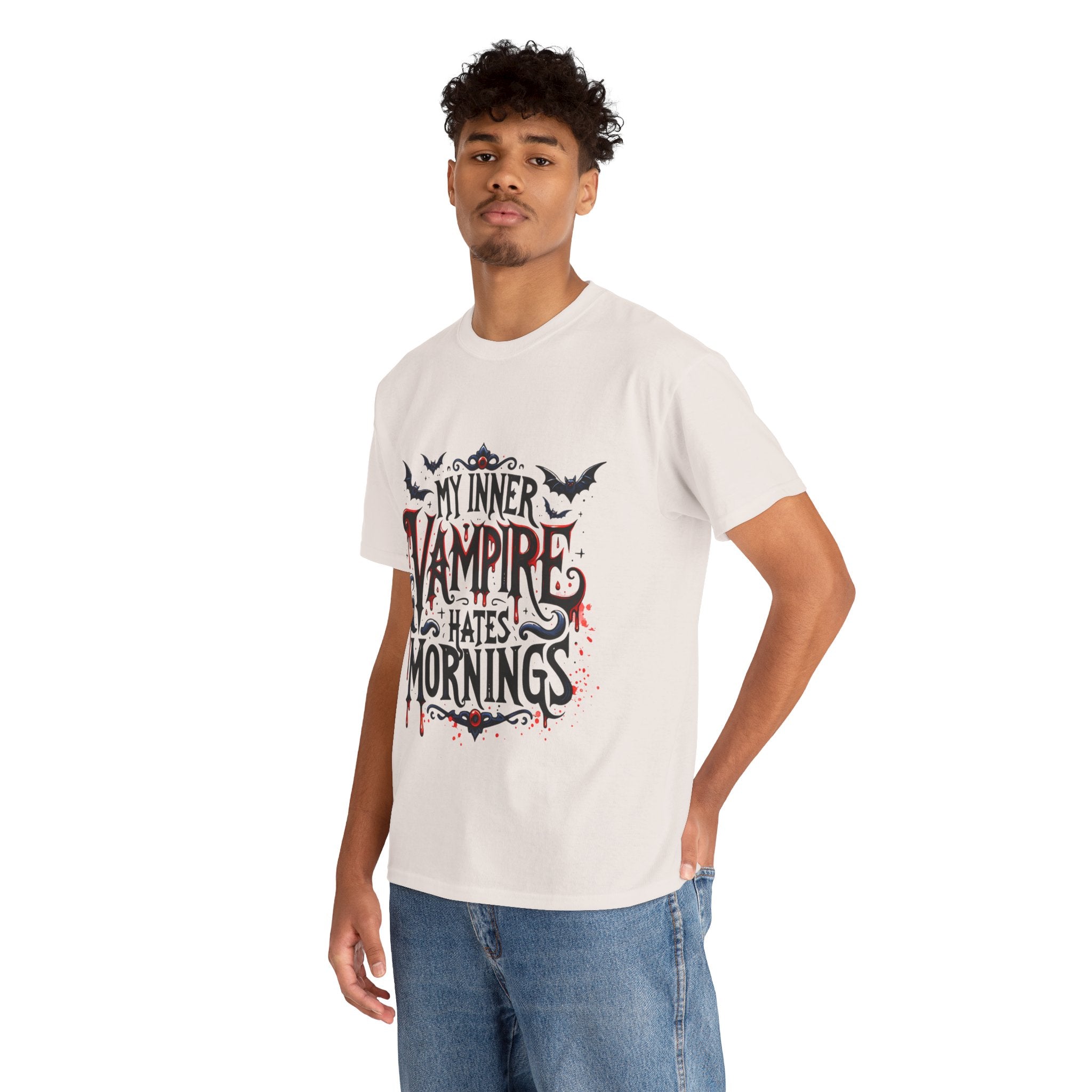 My Inner Vampire Hates Mornings, Tee - Unisex Heavy Cotton Shirt for Halloween, Gifts, Casual Wear, Funny T-Shirt, Vampire Lover Apparel