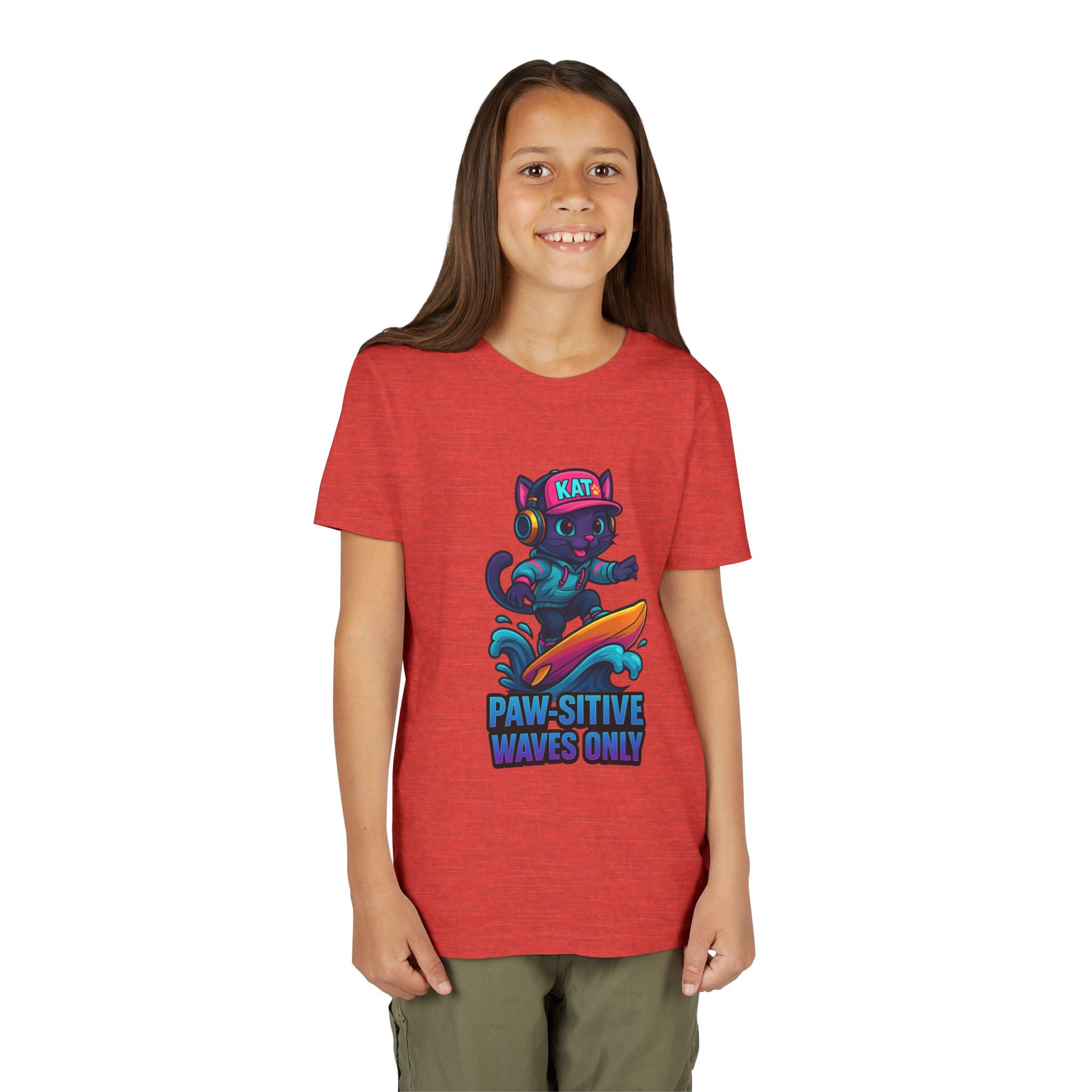 DJ KAT PAWS Paw-Sitive Waves Only, Youth Tee | Kids Surfing T-Shirt, Fun Cat Graphic Top, Summer Apparel, Gifts for Animal Lovers