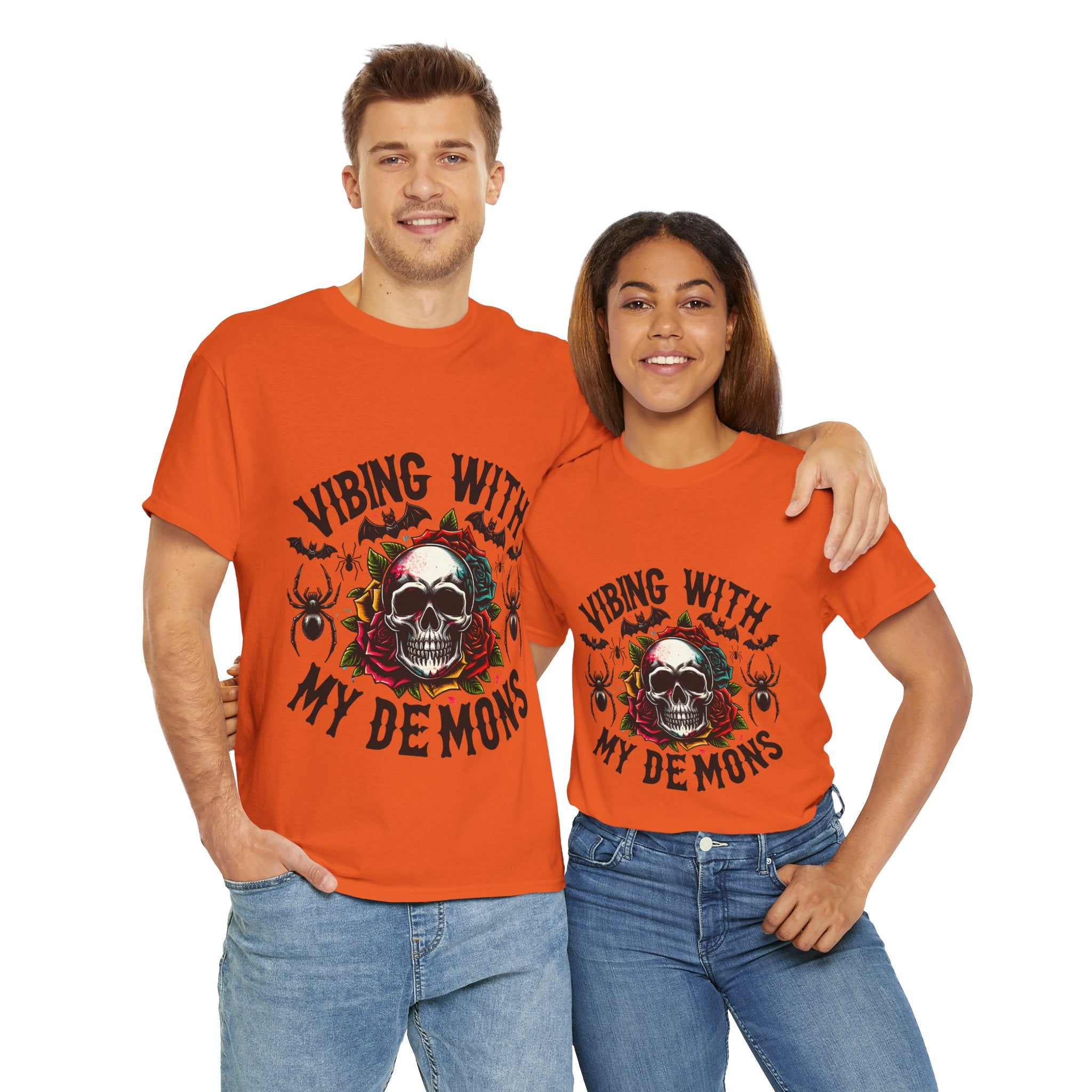 Vibing With My Demons, Halloween Skeleton & Pumpkin Tee, Spooky Season Apparel, Fall Fashion, Gift for Halloween Lovers