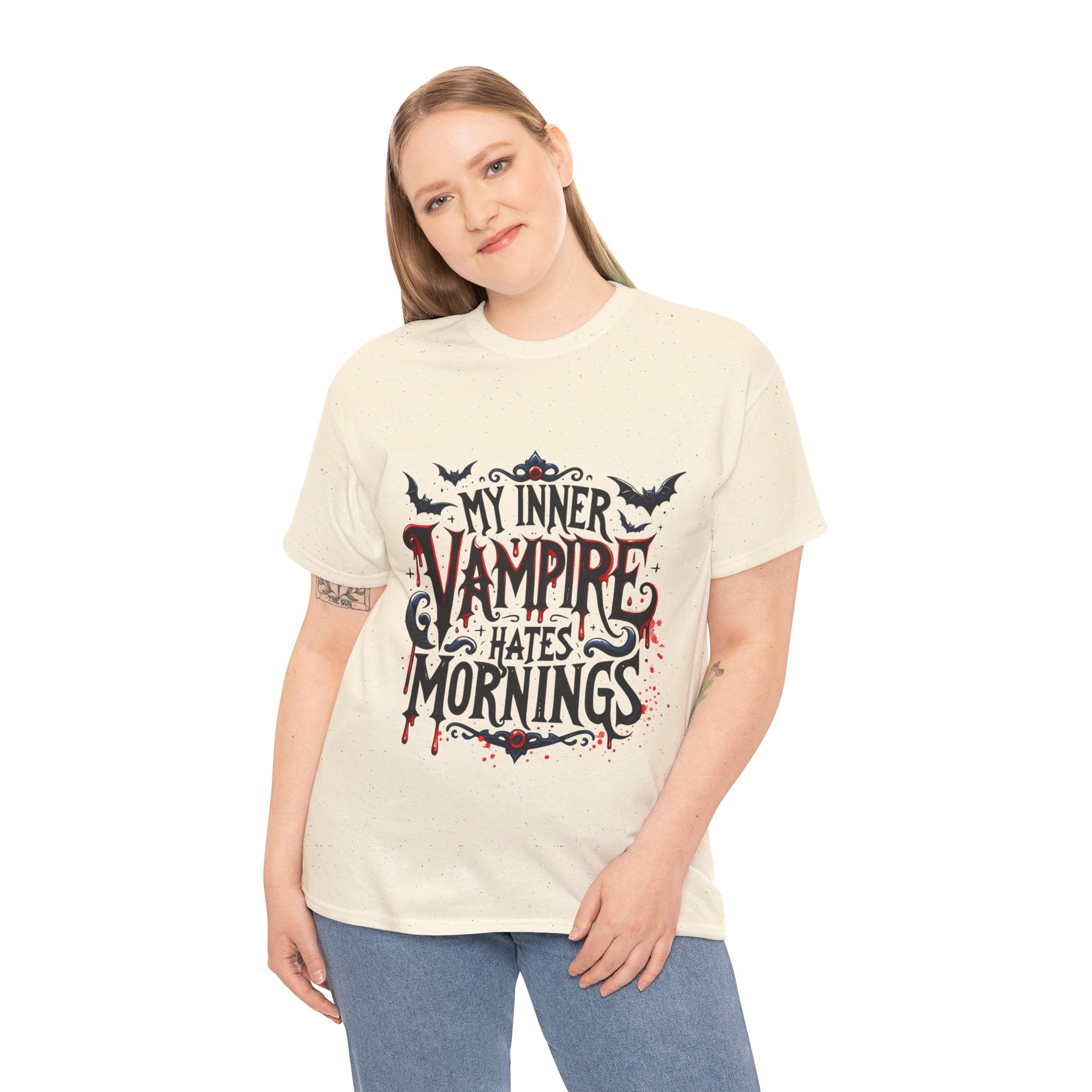 My Inner Vampire Hates Mornings, Tee - Unisex Heavy Cotton Shirt for Halloween, Gifts, Casual Wear, Funny T-Shirt, Vampire Lover Apparel