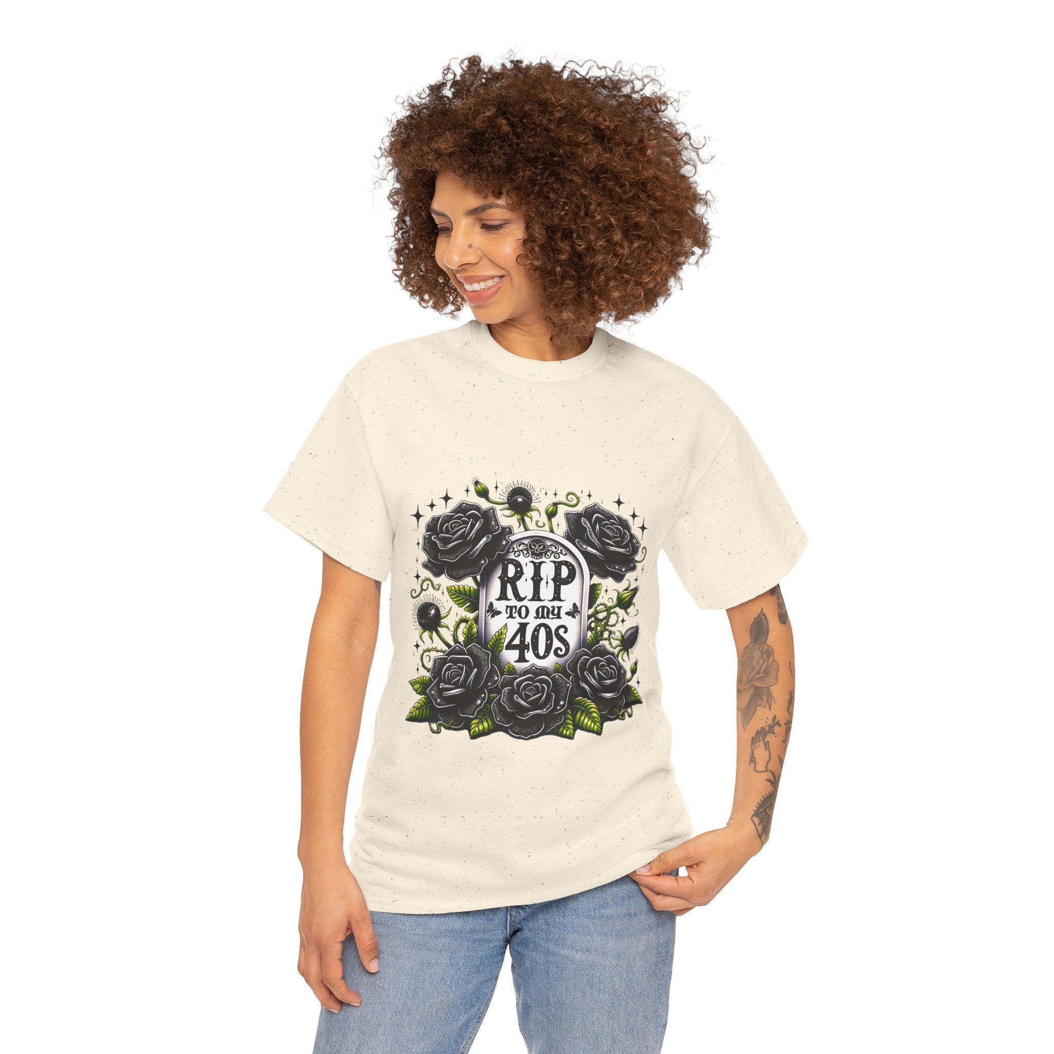RIP to My 40s Tee, Heavy, Unisex Graphic Shirt, Birthday Gift, Casual Wear, Vintage Style, Floral Design T-shirt