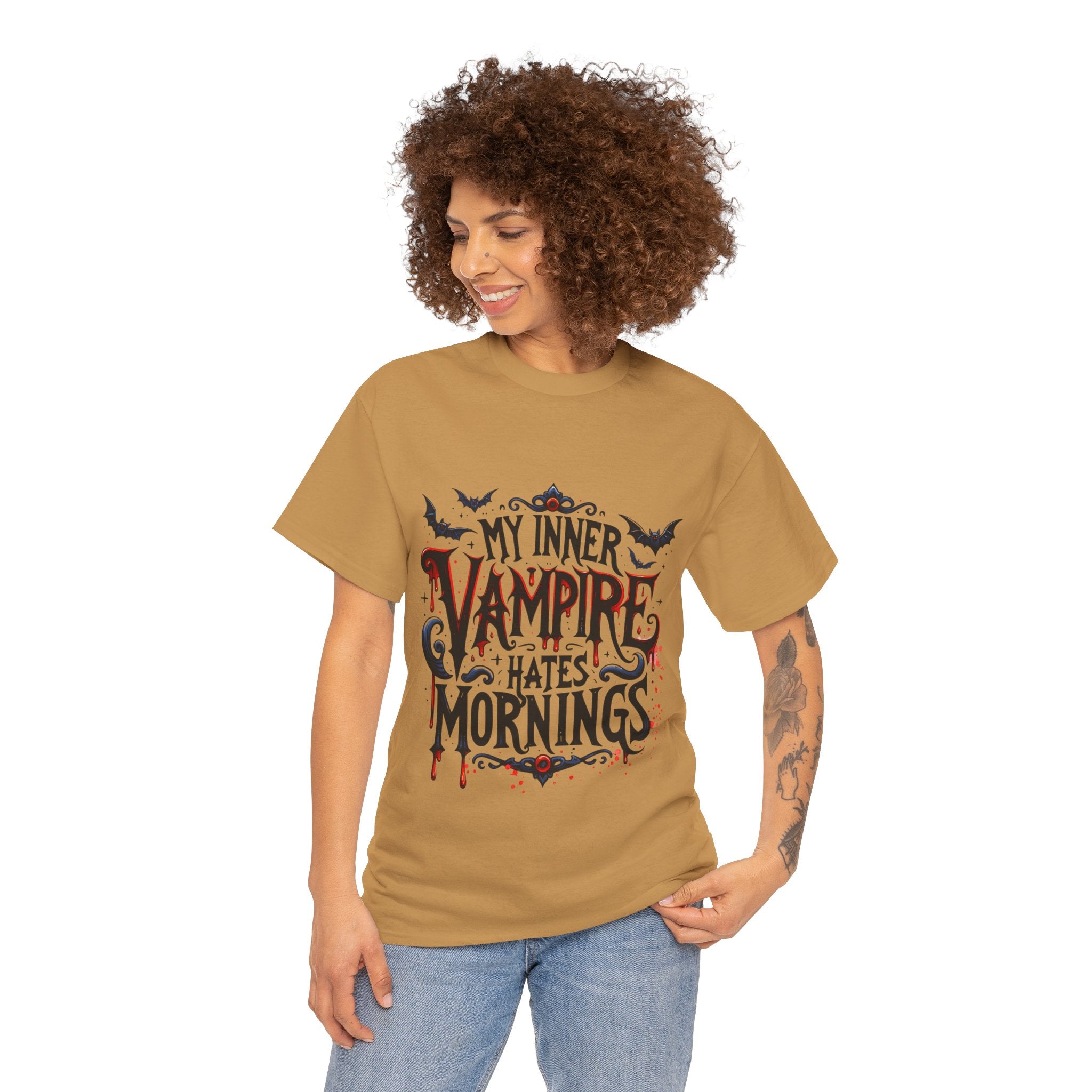 My Inner Vampire Hates Mornings, Tee - Unisex Heavy Cotton Shirt for Halloween, Gifts, Casual Wear, Funny T-Shirt, Vampire Lover Apparel