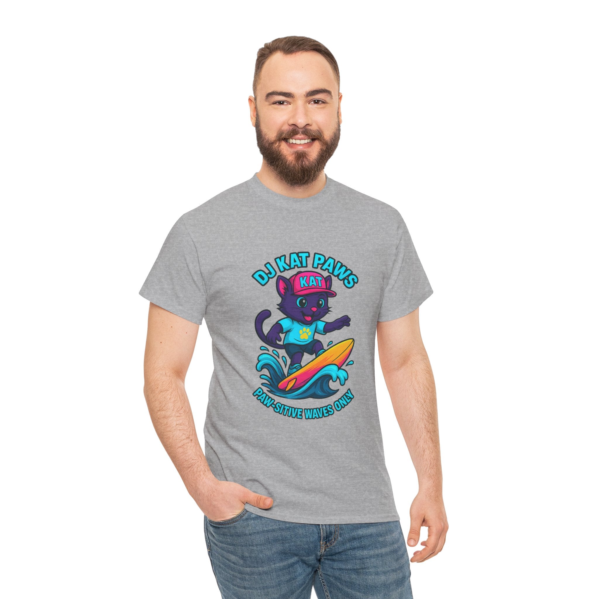 DJ KAT PAWS Surfing Fun T-Shirt | Stay Cool, Have Fun, Play Safe, Be You! | Fun Summer Tee, Gift for Cat Lovers, Beach Vibes