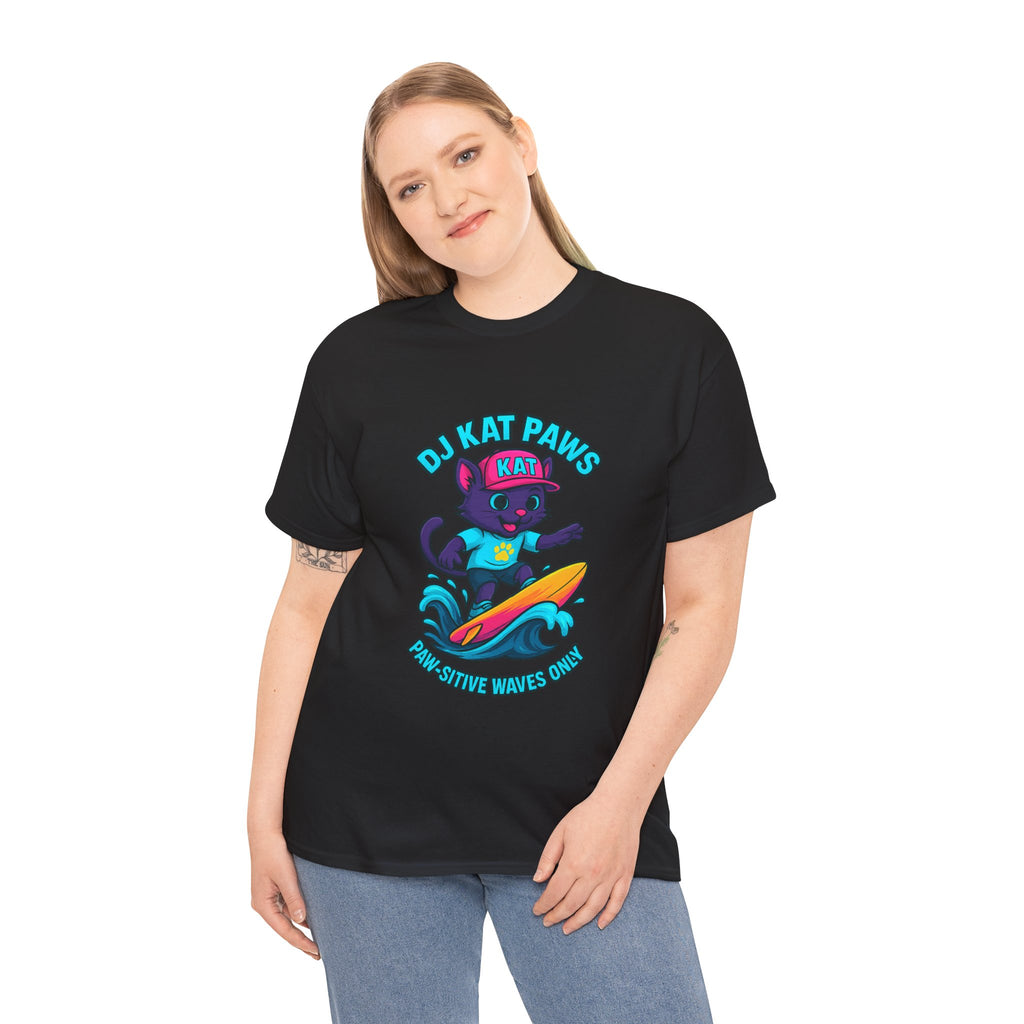 DJ KAT PAWS Surfing Fun T-Shirt | Stay Cool, Have Fun, Play Safe, Be You! | Fun Summer Tee, Gift for Cat Lovers, Beach Vibes
