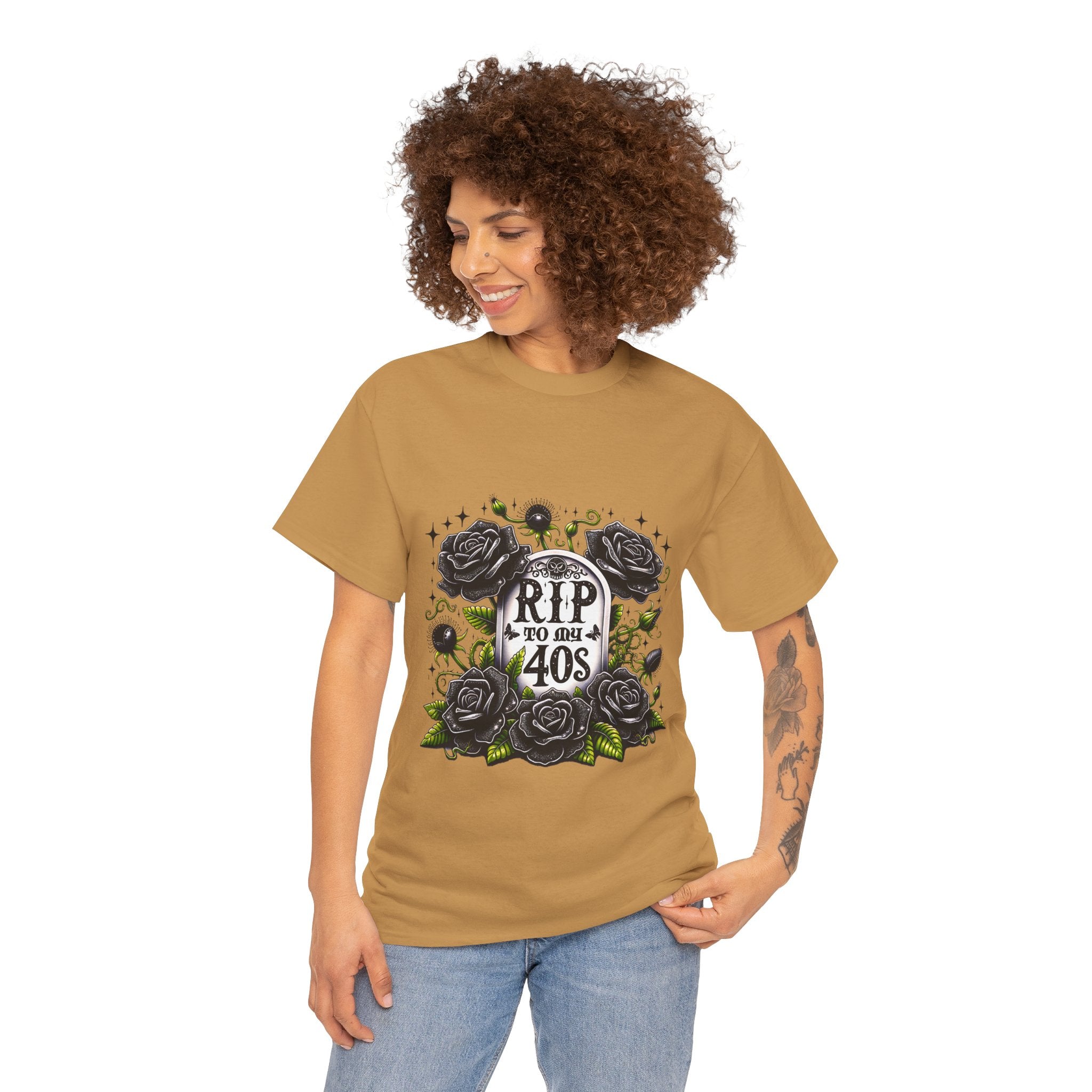 RIP to My 40s Tee, Heavy, Unisex Graphic Shirt, Birthday Gift, Casual Wear, Vintage Style, Floral Design T-shirt