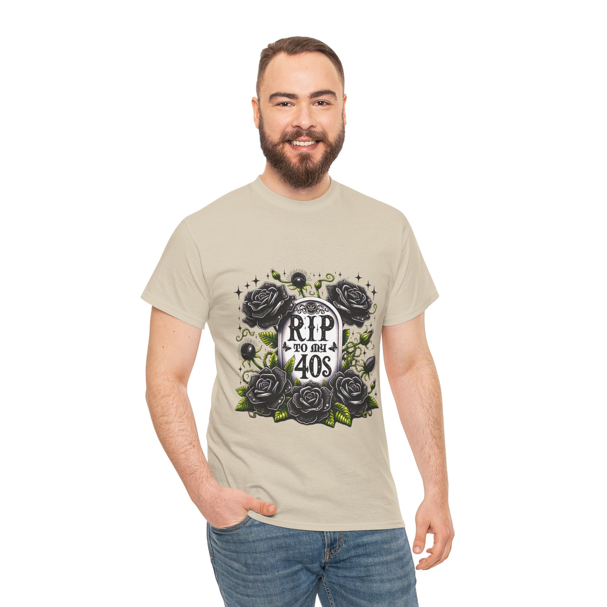 RIP to My 40s Tee, Heavy, Unisex Graphic Shirt, Birthday Gift, Casual Wear, Vintage Style, Floral Design T-shirt