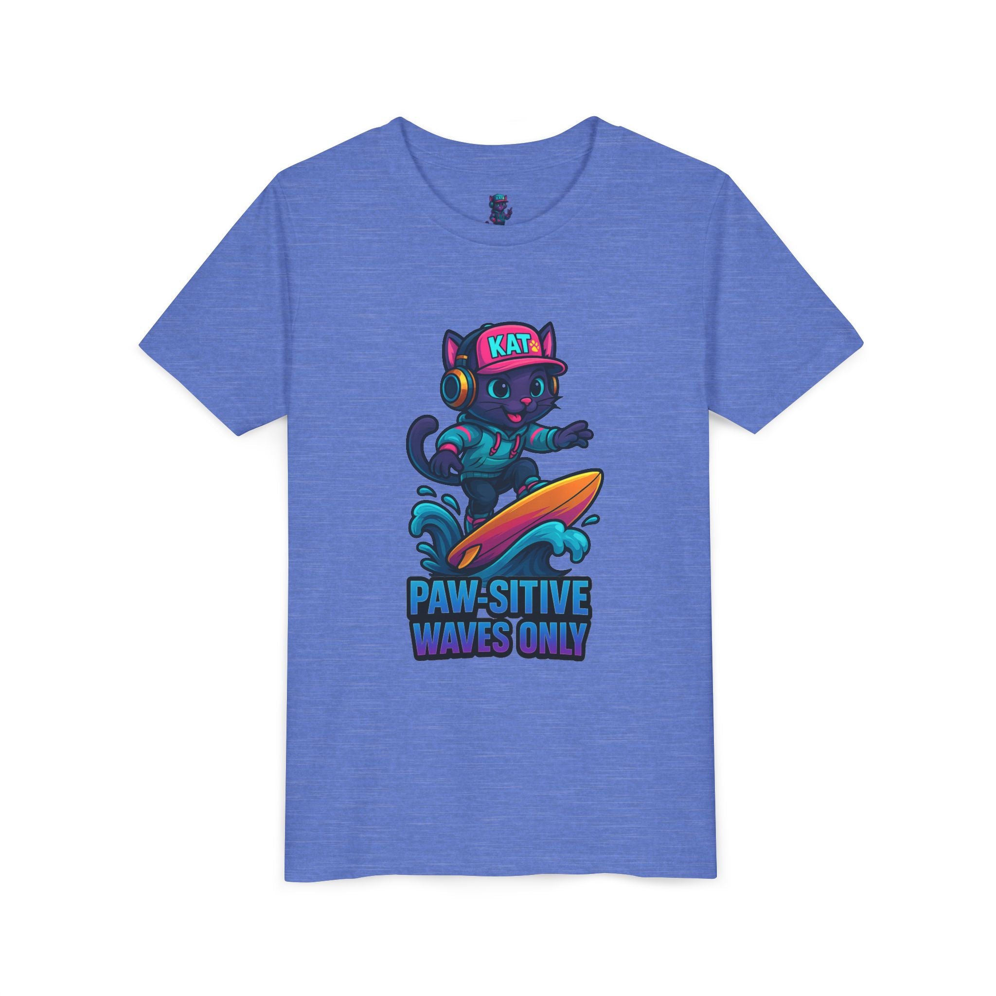 DJ KAT PAWS Paw-Sitive Waves Only, Youth Tee | Kids Surfing T-Shirt, Fun Cat Graphic Top, Summer Apparel, Gifts for Animal Lovers