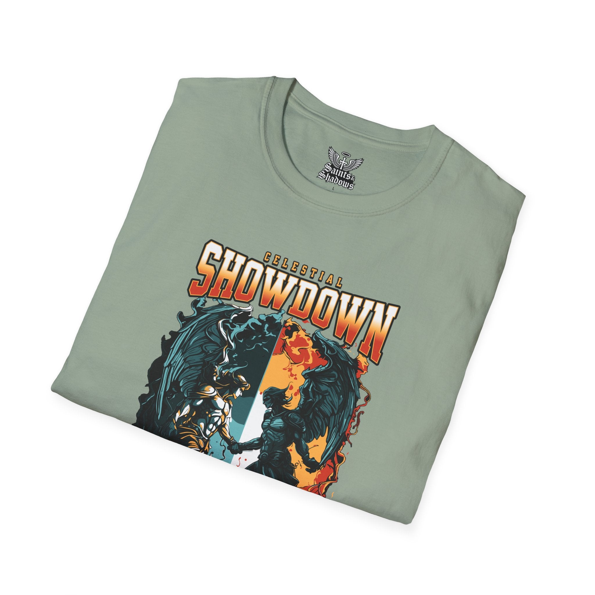 Saints and Shadows - Epic Showdown, Angelic Artwork Unisex Softstyle T-Shirt, Casual Wear