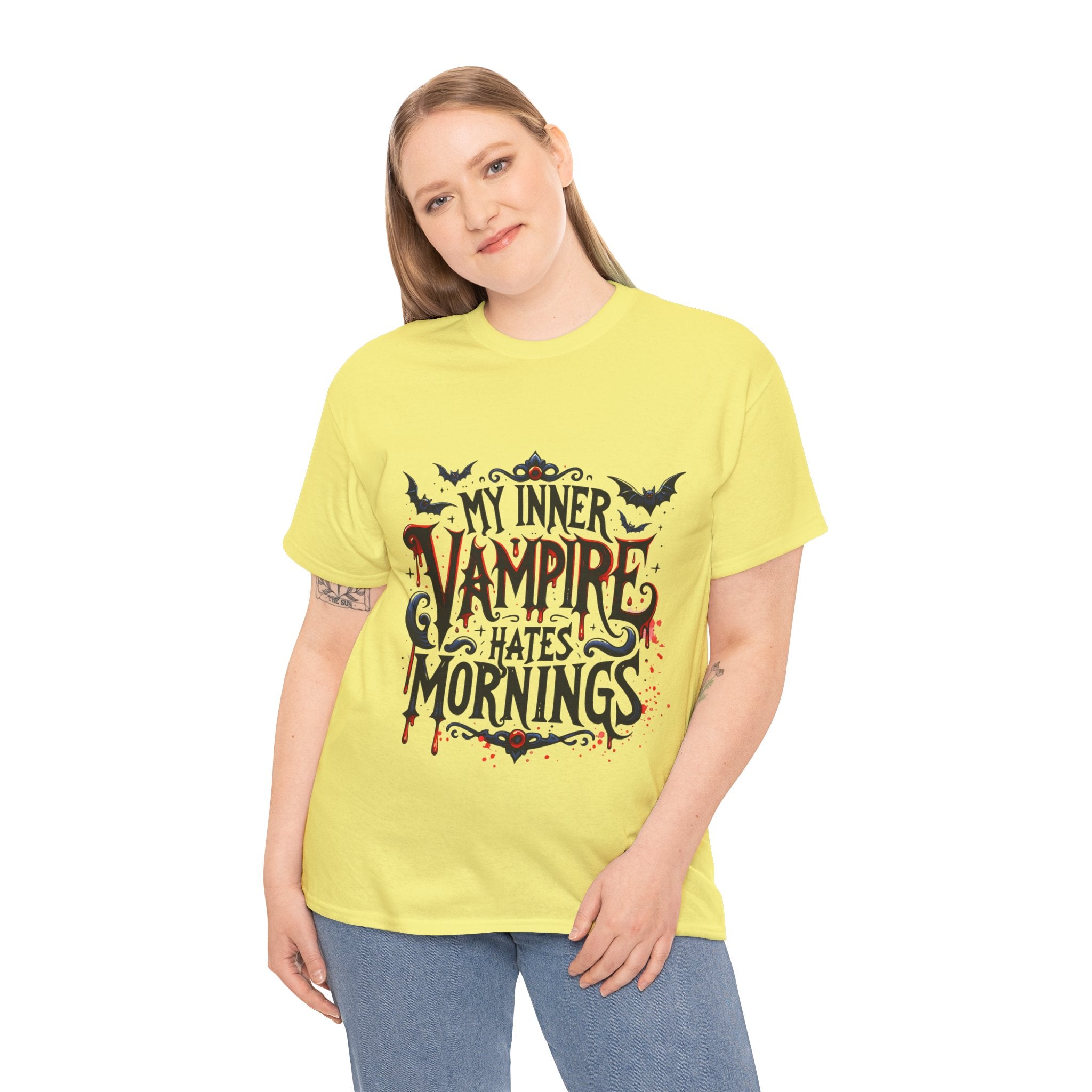 My Inner Vampire Hates Mornings, Tee - Unisex Heavy Cotton Shirt for Halloween, Gifts, Casual Wear, Funny T-Shirt, Vampire Lover Apparel