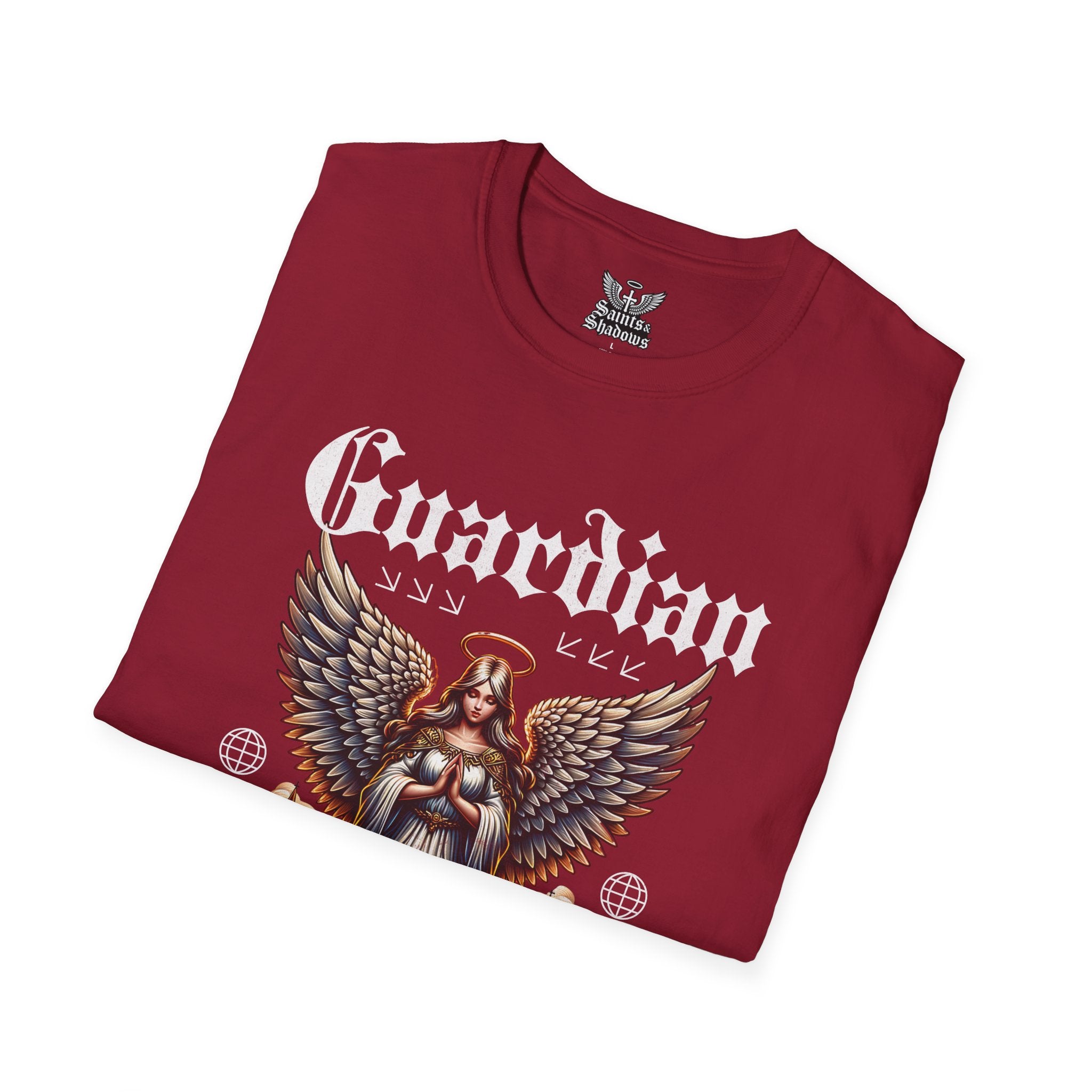 Saints and Shadows - Guardian of the Skyline, Angelic Artwork Unisex Softstyle T-Shirt, Casual Wear