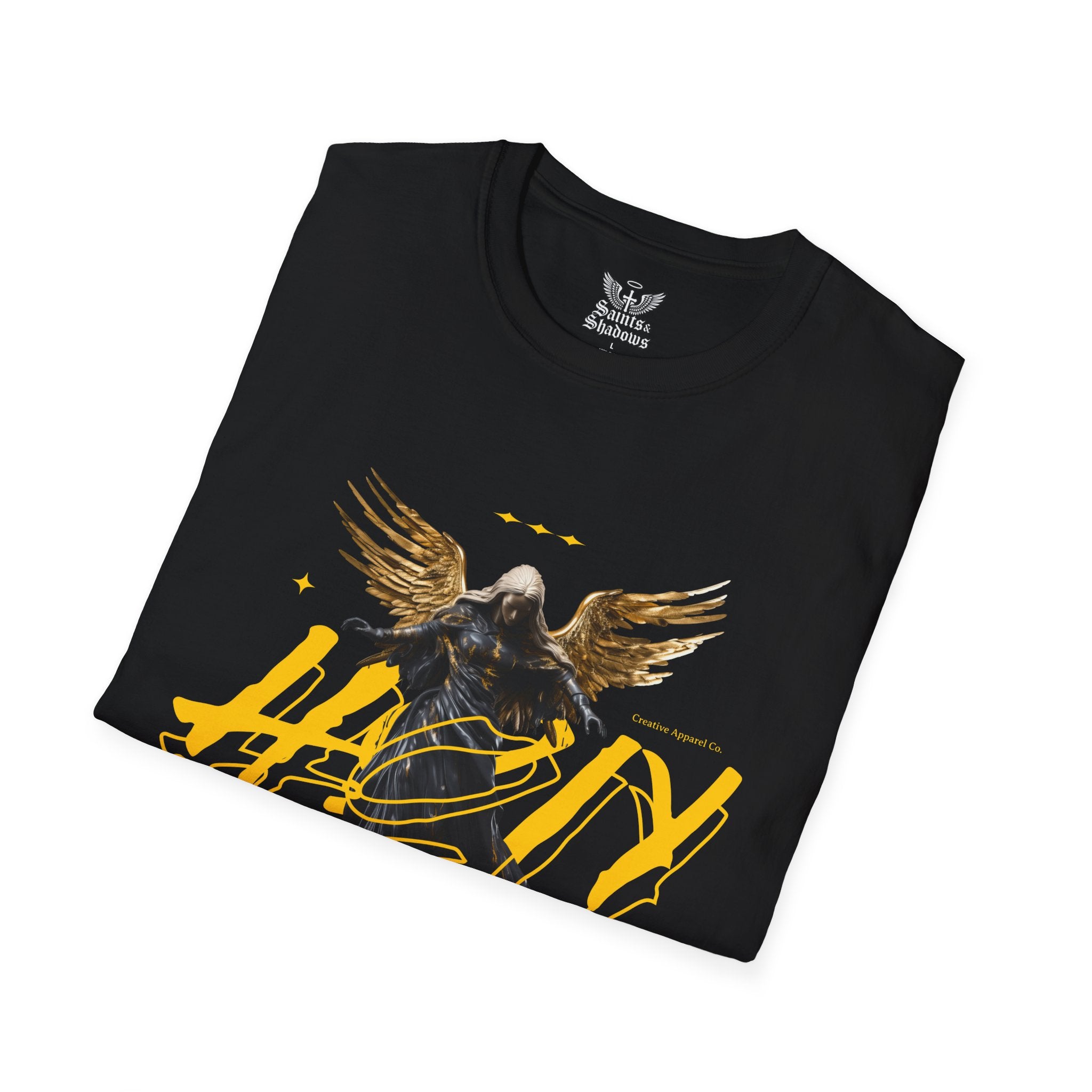 Saints and Shadows - Holy Wings, Angelic Artwork Unisex Softstyle T-Shirt, Casual Wear