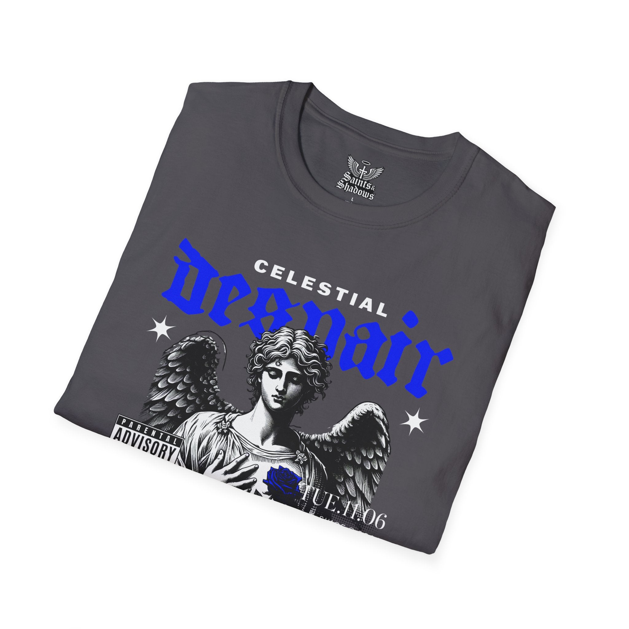 Saints and Shadows - Celestial Despair, Angelic Artwork Unisex Softstyle T-Shirt, Casual Wear