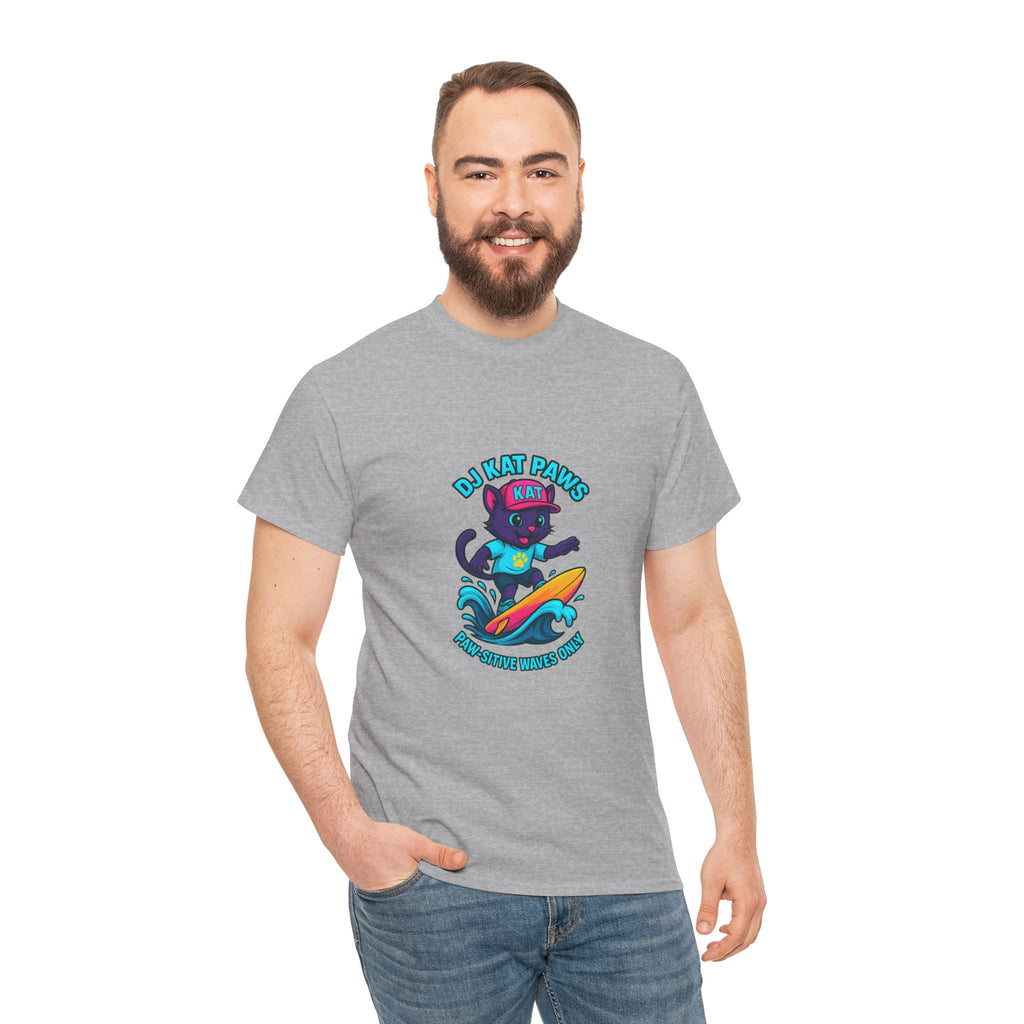 DJ KAT PAWS Surfing Fun T-Shirt | Stay Cool, Have Fun, Play Safe, Be You! | Fun Summer Tee, Gift for Cat Lovers, Beach Vibes