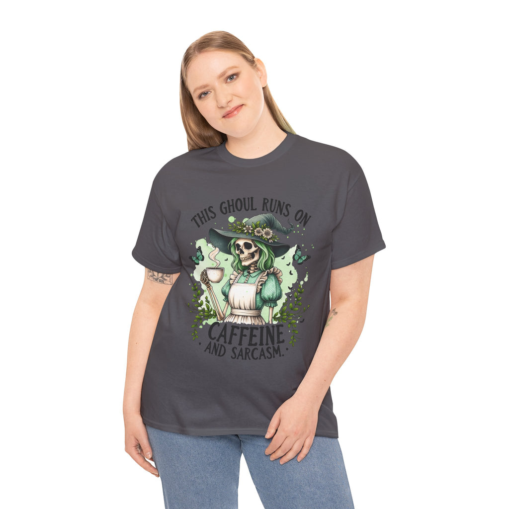 Caffeine and Sarcasm, Funny Halloween Tee, Unisex Tee, Perfect for Gifting, October Festivities, Casual Wear, Skeleton Graphic Tee