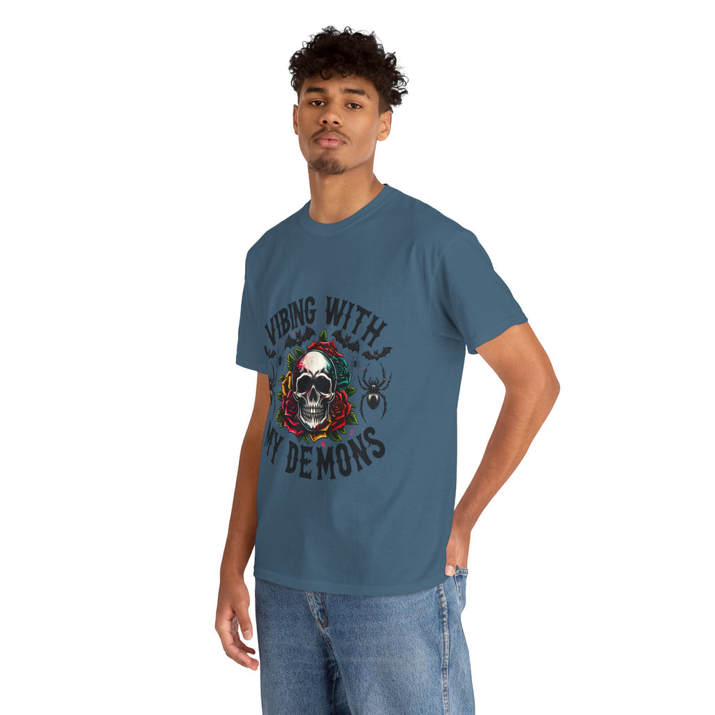 Vibing With My Demons, Halloween Skeleton & Pumpkin Tee, Spooky Season Apparel, Fall Fashion, Gift for Halloween Lovers