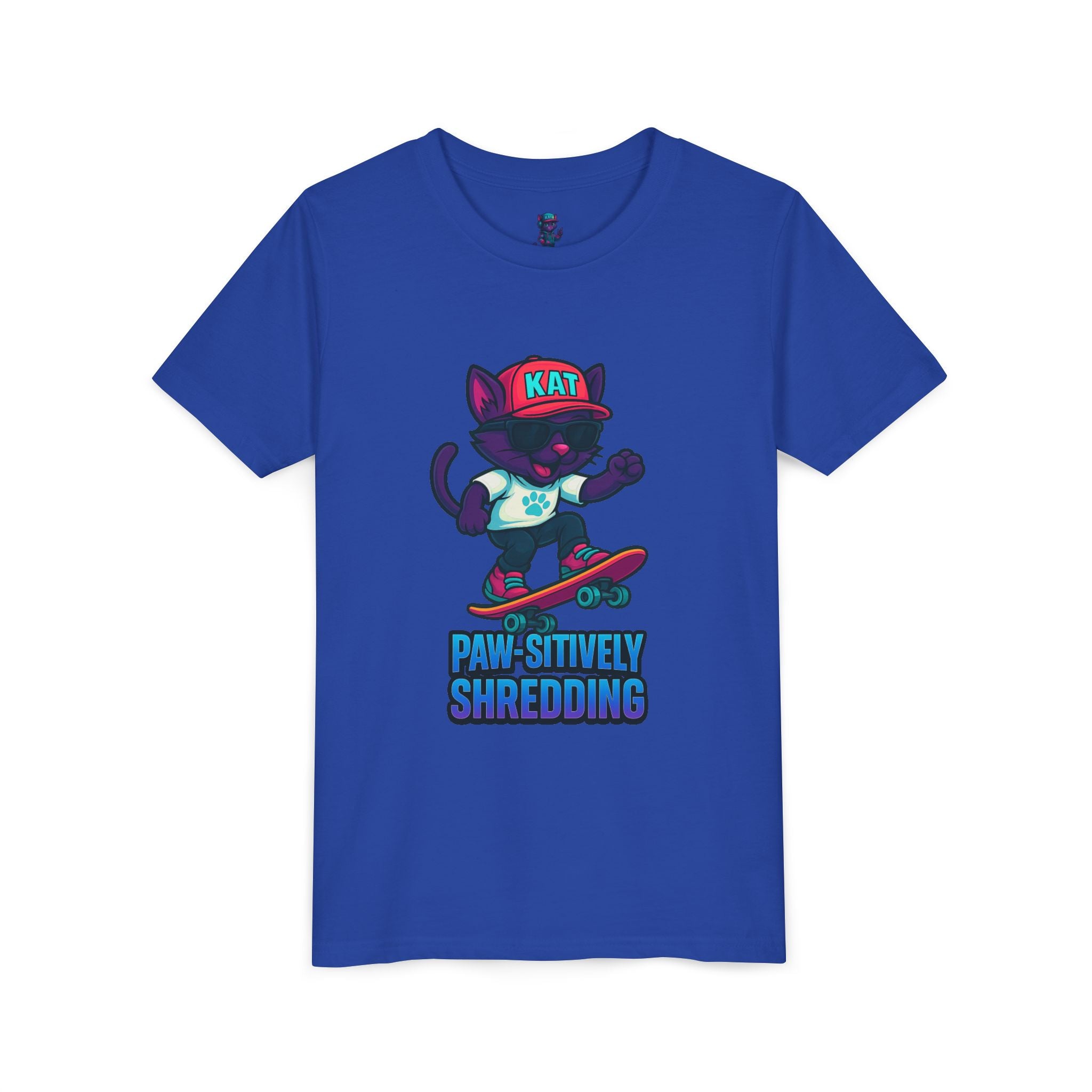 DJ KAT PAWS Paw-sitively Shredding, Skateboarding Youth Tee | Fun Summer Shirt, Motivational Kids T-Shirt, Birthday Gift for Boys & Girls