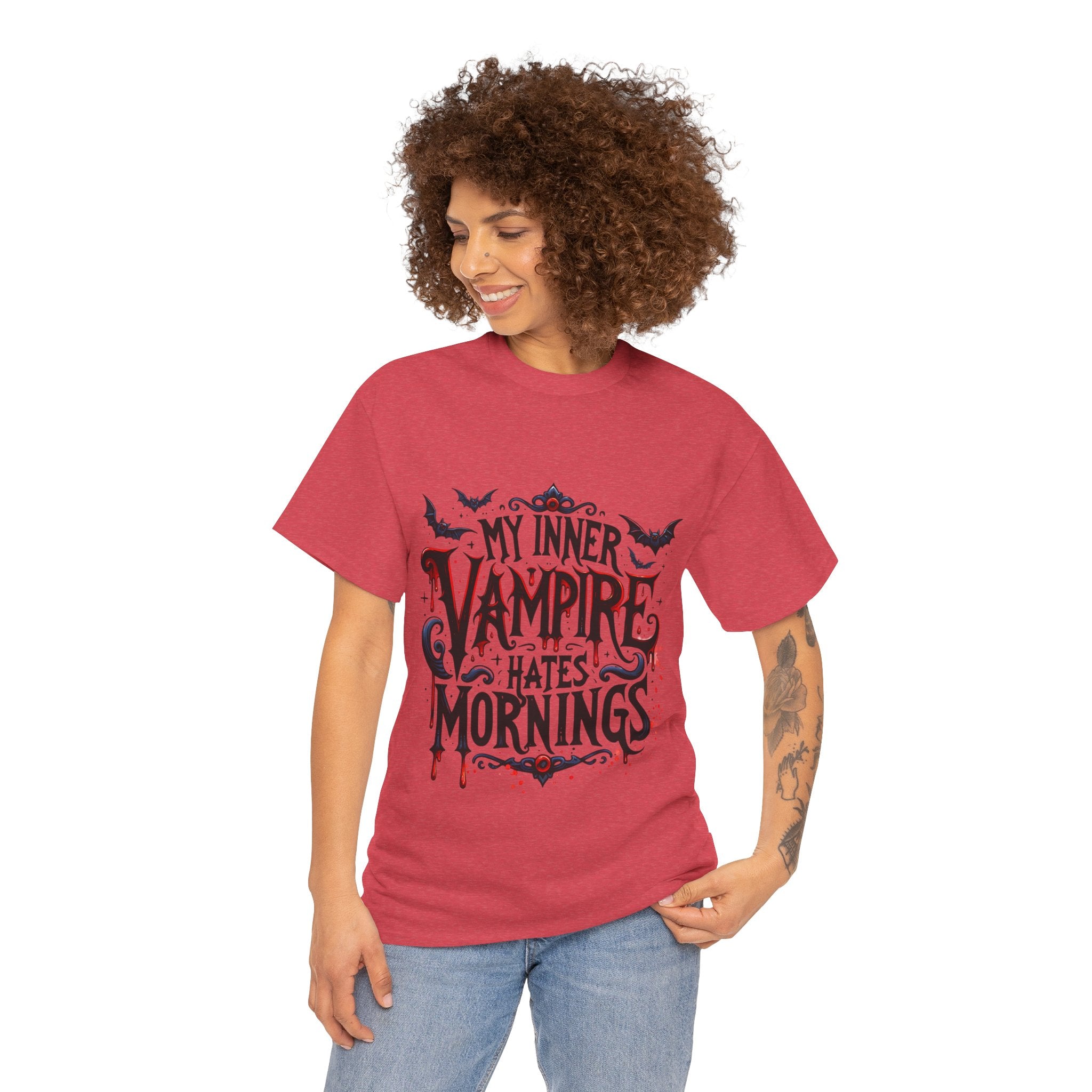 My Inner Vampire Hates Mornings, Tee - Unisex Heavy Cotton Shirt for Halloween, Gifts, Casual Wear, Funny T-Shirt, Vampire Lover Apparel