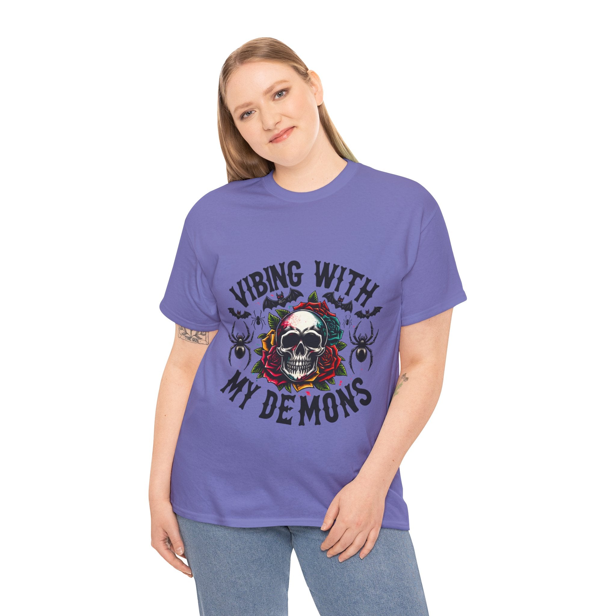 Vibing With My Demons, Halloween Skeleton & Pumpkin Tee, Spooky Season Apparel, Fall Fashion, Gift for Halloween Lovers
