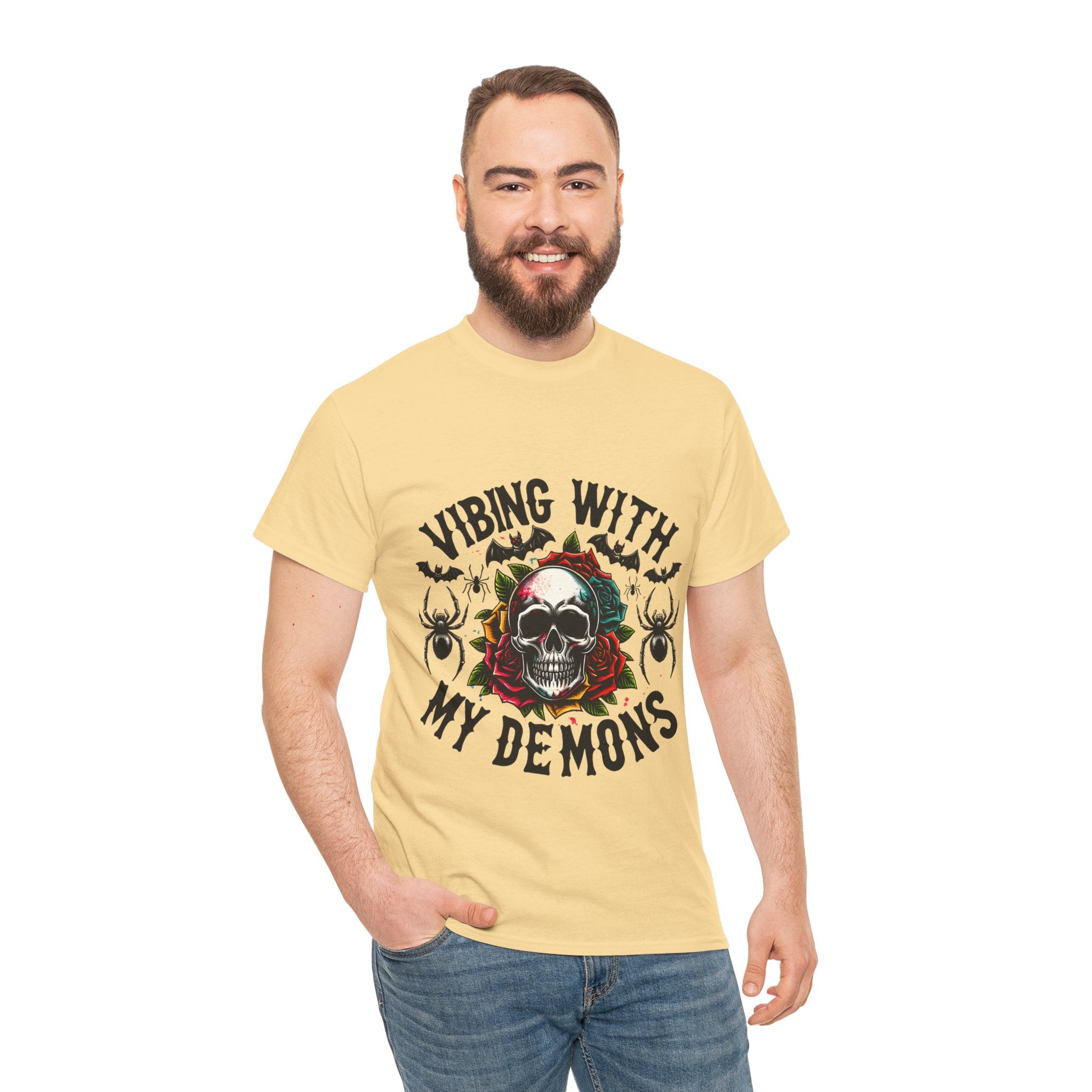 Vibing With My Demons, Halloween Skeleton & Pumpkin Tee, Spooky Season Apparel, Fall Fashion, Gift for Halloween Lovers