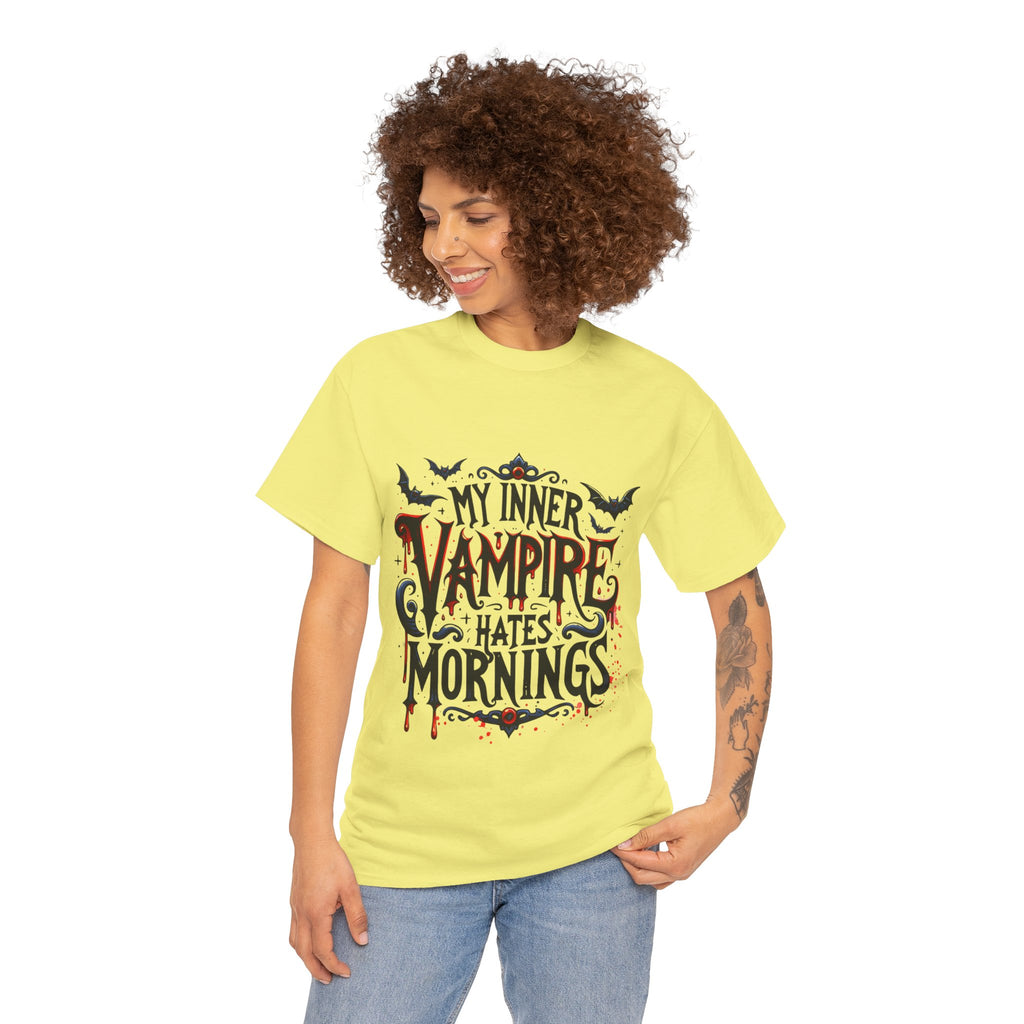 My Inner Vampire Hates Mornings, Tee - Unisex Heavy Cotton Shirt for Halloween, Gifts, Casual Wear, Funny T-Shirt, Vampire Lover Apparel