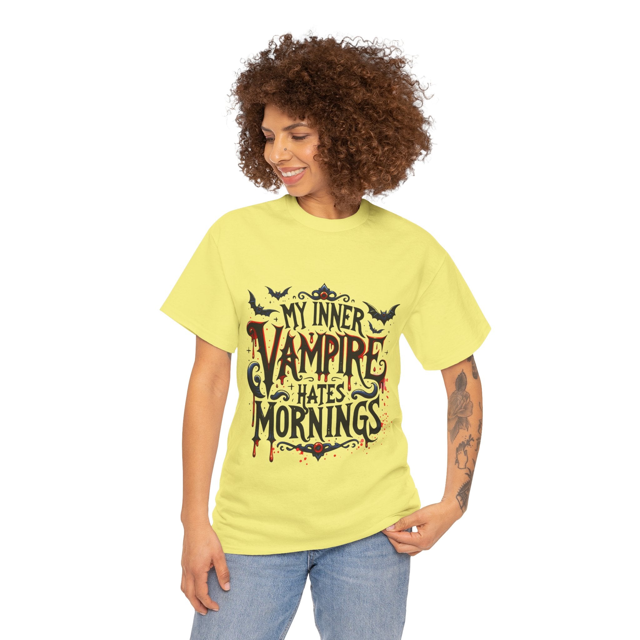 My Inner Vampire Hates Mornings, Tee - Unisex Heavy Cotton Shirt for Halloween, Gifts, Casual Wear, Funny T-Shirt, Vampire Lover Apparel