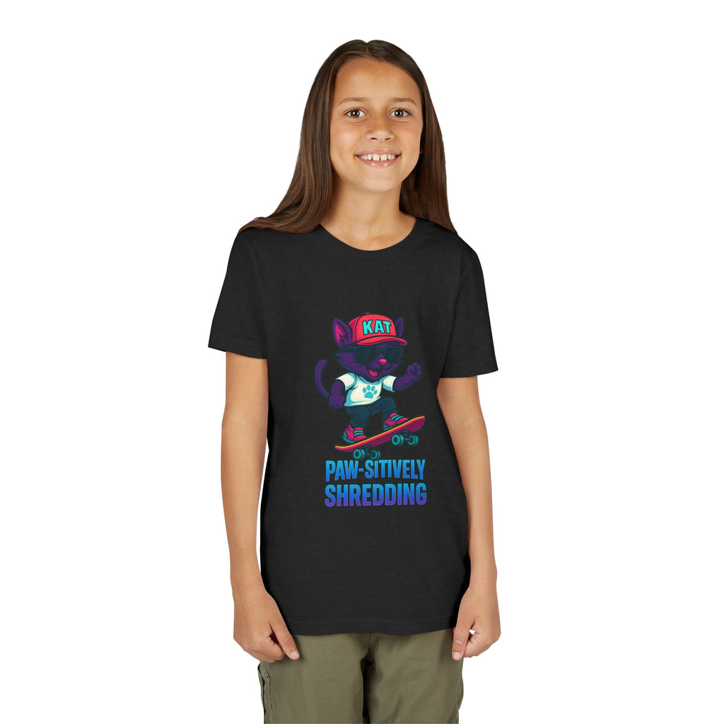 DJ KAT PAWS Paw-sitively Shredding, Skateboarding Youth Tee | Fun Summer Shirt, Motivational Kids T-Shirt, Birthday Gift for Boys & Girls