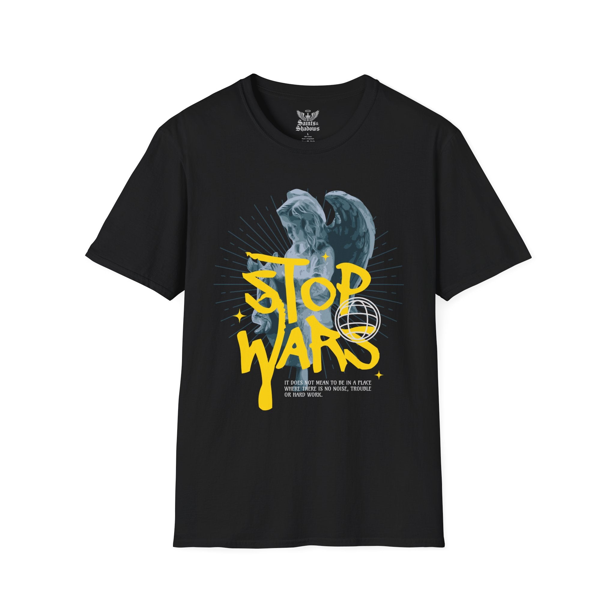 Saints and Shadows - Stop Wars, Angelic Artwork Unisex Softstyle T-Shirt, Casual Wear