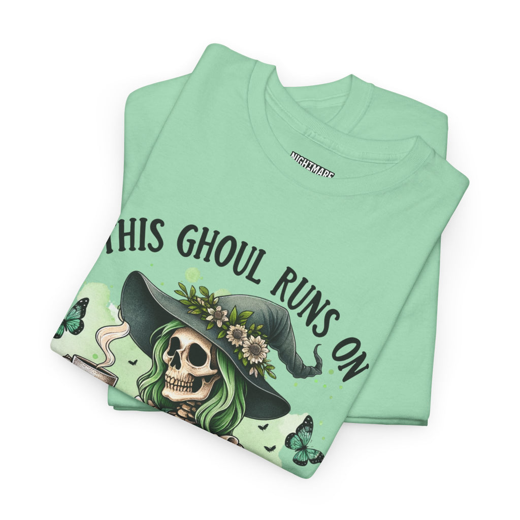 Caffeine and Sarcasm, Funny Halloween Tee, Unisex Tee, Perfect for Gifting, October Festivities, Casual Wear, Skeleton Graphic Tee