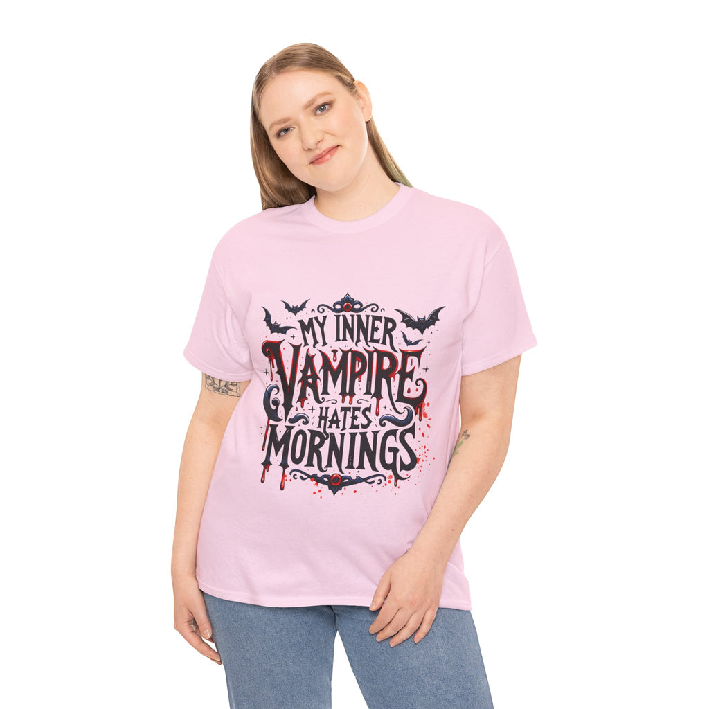 My Inner Vampire Hates Mornings, Tee - Unisex Heavy Cotton Shirt for Halloween, Gifts, Casual Wear, Funny T-Shirt, Vampire Lover Apparel
