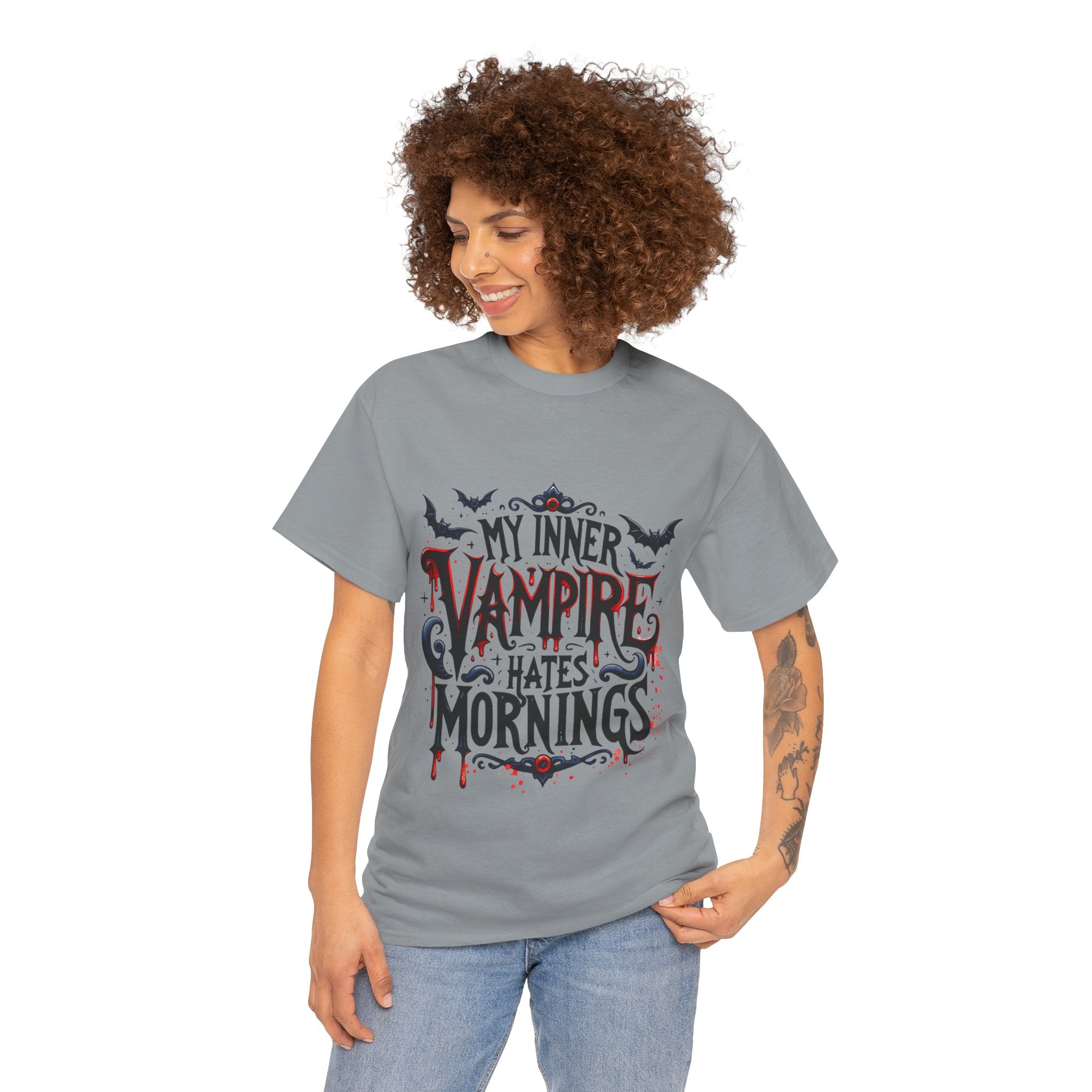 My Inner Vampire Hates Mornings, Tee - Unisex Heavy Cotton Shirt for Halloween, Gifts, Casual Wear, Funny T-Shirt, Vampire Lover Apparel