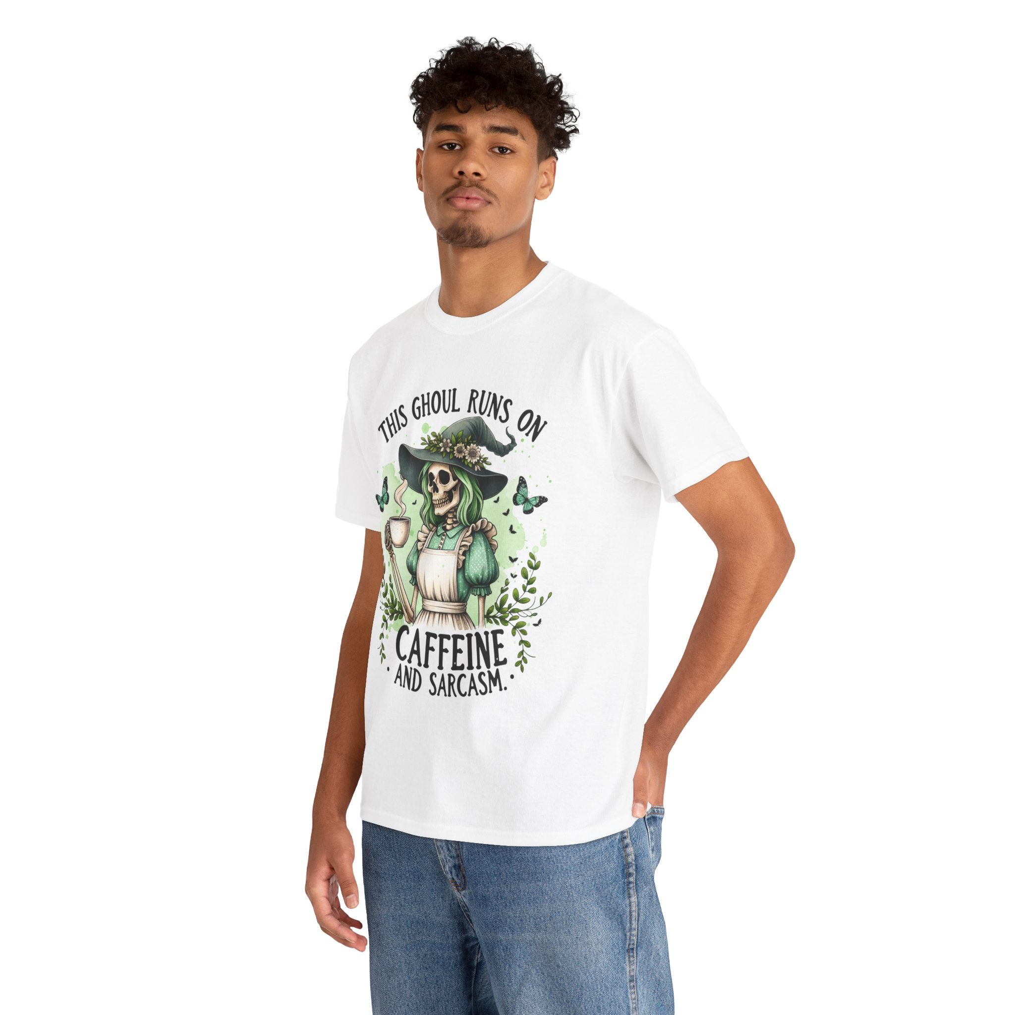 Caffeine and Sarcasm, Funny Halloween Tee, Unisex Tee, Perfect for Gifting, October Festivities, Casual Wear, Skeleton Graphic Tee