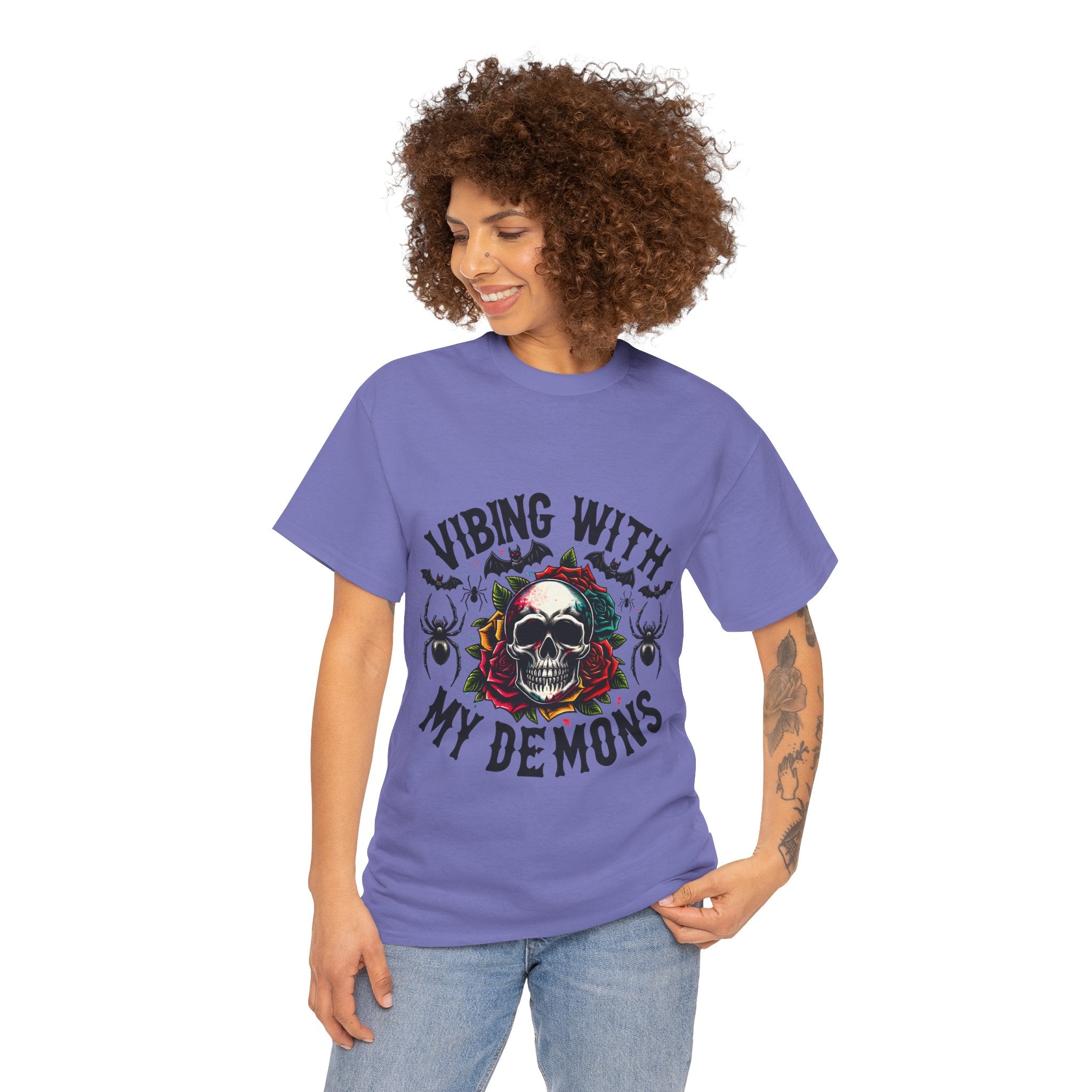 Vibing With My Demons, Halloween Skeleton & Pumpkin Tee, Spooky Season Apparel, Fall Fashion, Gift for Halloween Lovers