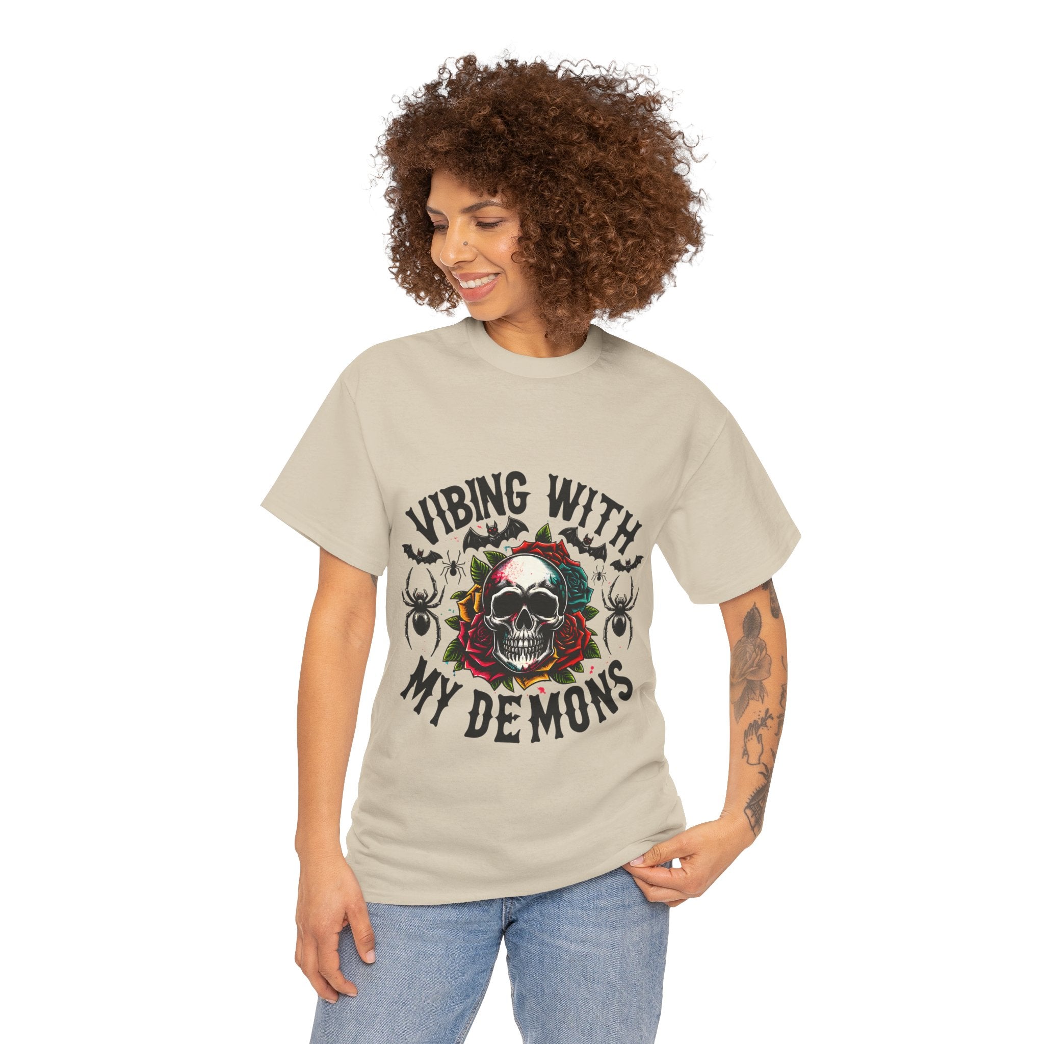 Vibing With My Demons, Halloween Skeleton & Pumpkin Tee, Spooky Season Apparel, Fall Fashion, Gift for Halloween Lovers