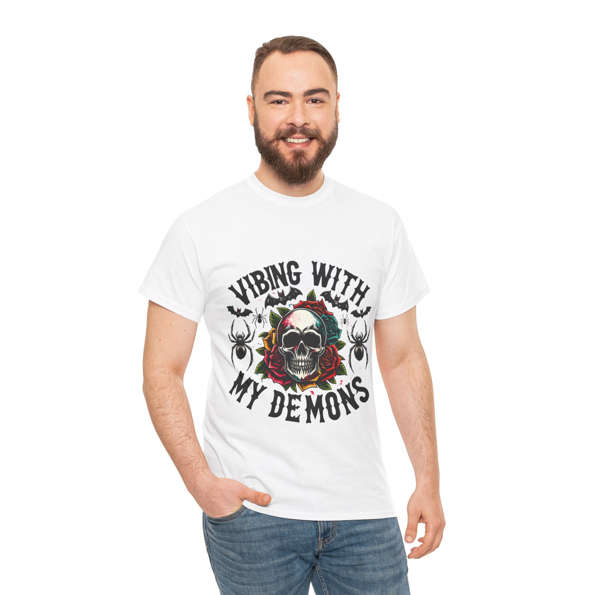 Vibing With My Demons, Halloween Skeleton & Pumpkin Tee, Spooky Season Apparel, Fall Fashion, Gift for Halloween Lovers