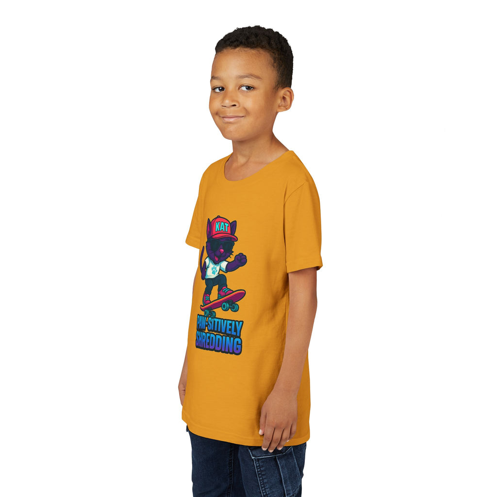DJ KAT PAWS Paw-sitively Shredding, Skateboarding Youth Tee | Fun Summer Shirt, Motivational Kids T-Shirt, Birthday Gift for Boys & Girls