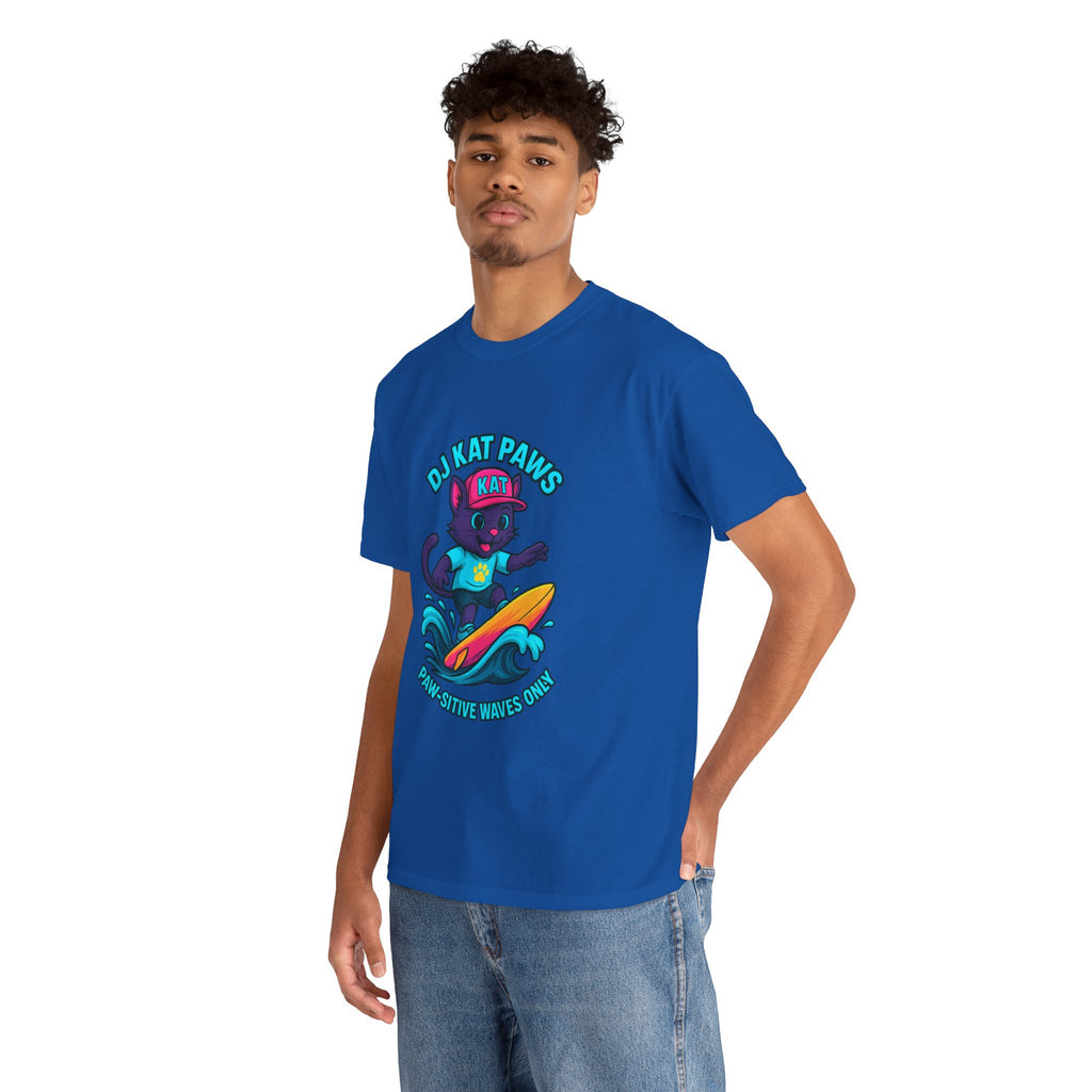 DJ KAT PAWS Surfing Fun T-Shirt | Stay Cool, Have Fun, Play Safe, Be You! | Fun Summer Tee, Gift for Cat Lovers, Beach Vibes