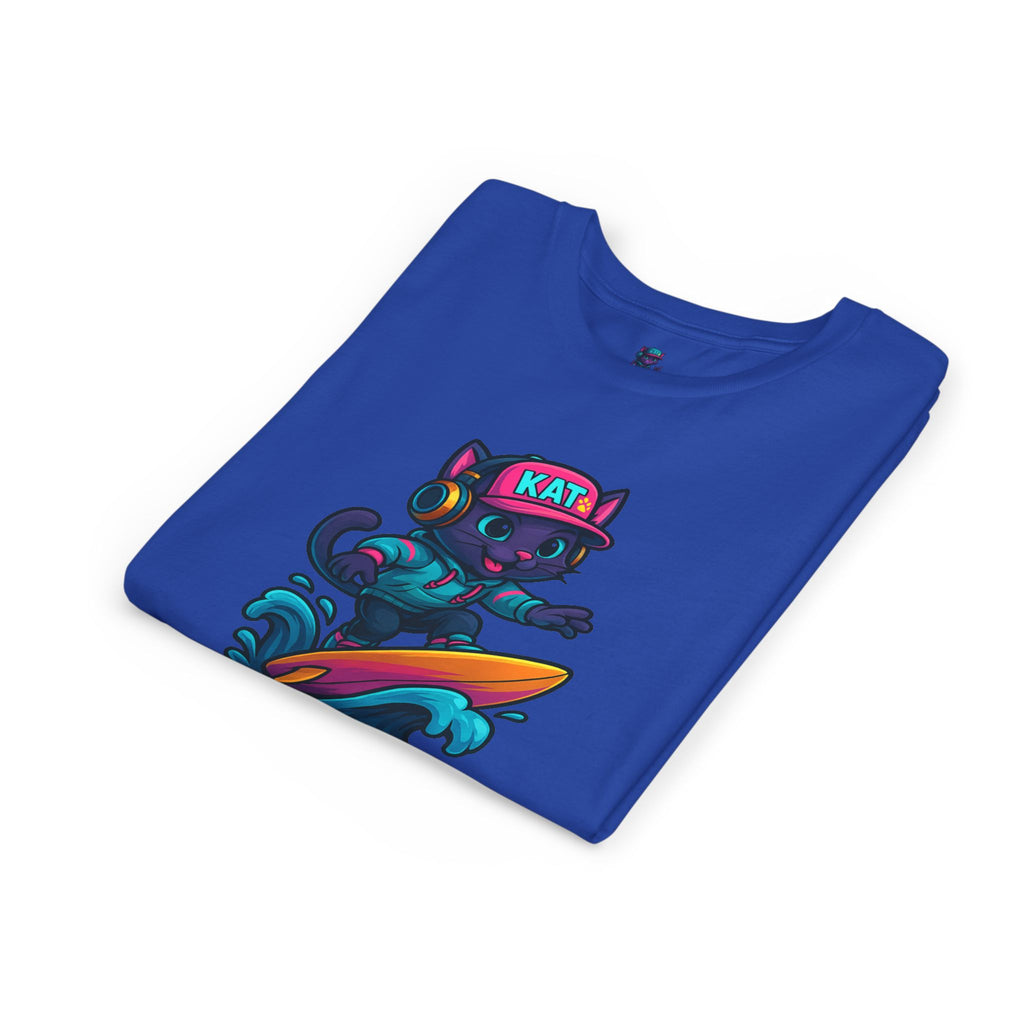 DJ KAT PAWS Paw-Sitive Waves Only, Youth Tee | Kids Surfing T-Shirt, Fun Cat Graphic Top, Summer Apparel, Gifts for Animal Lovers