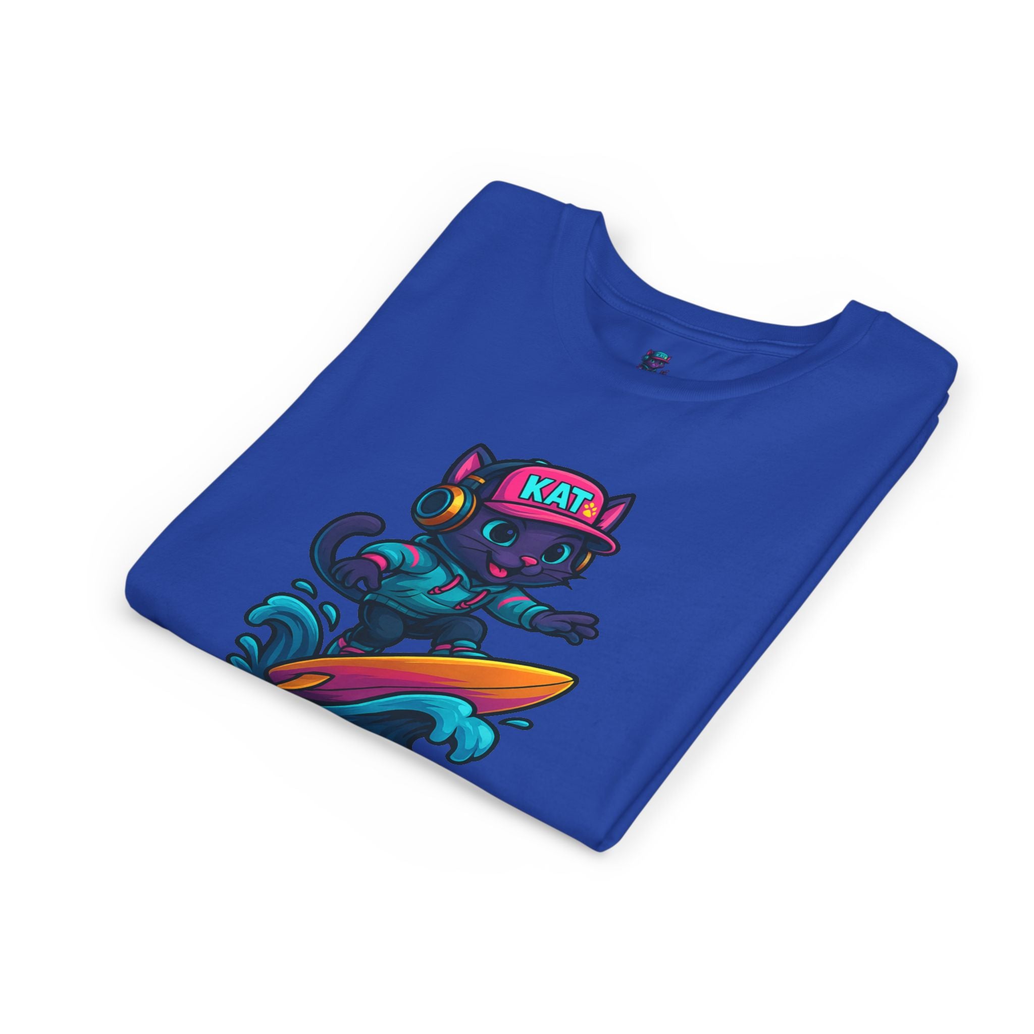DJ KAT PAWS Paw-Sitive Waves Only, Youth Tee | Kids Surfing T-Shirt, Fun Cat Graphic Top, Summer Apparel, Gifts for Animal Lovers
