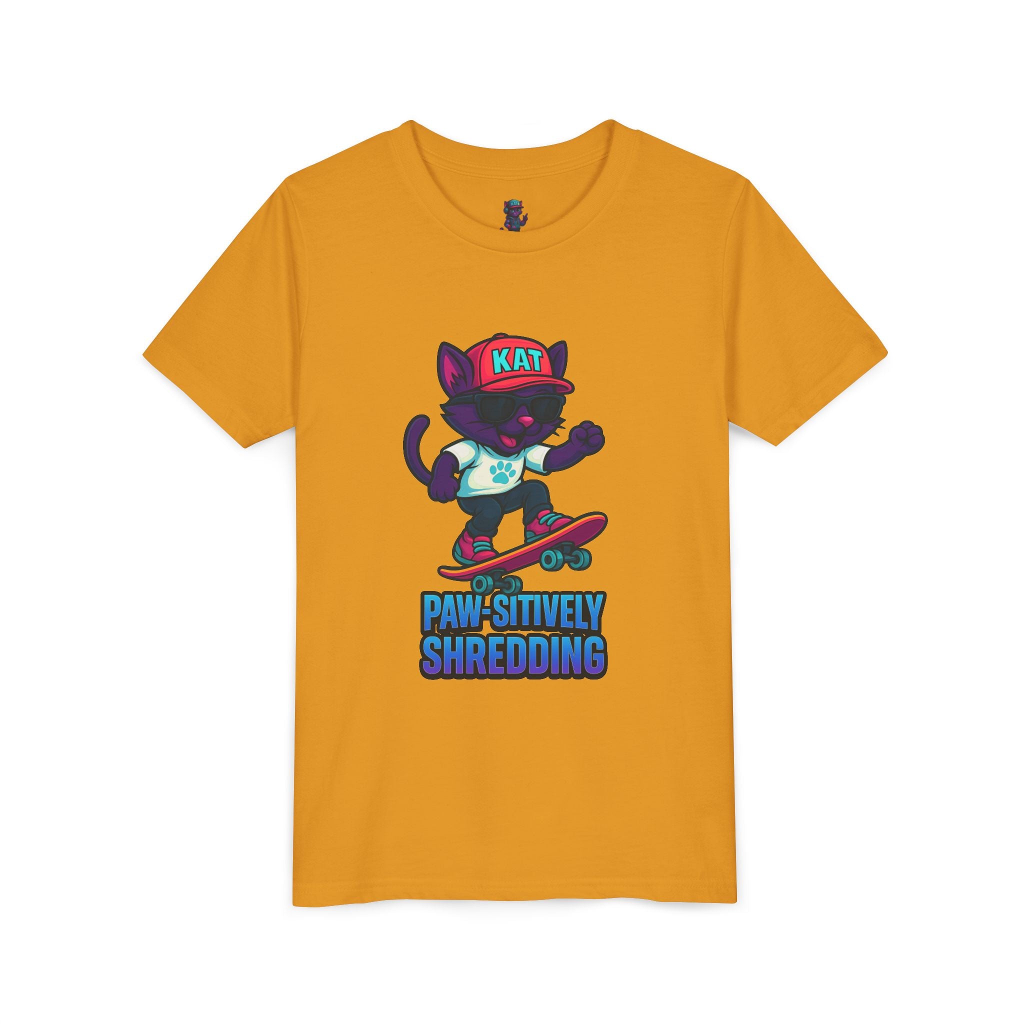 DJ KAT PAWS Paw-sitively Shredding, Skateboarding Youth Tee | Fun Summer Shirt, Motivational Kids T-Shirt, Birthday Gift for Boys & Girls