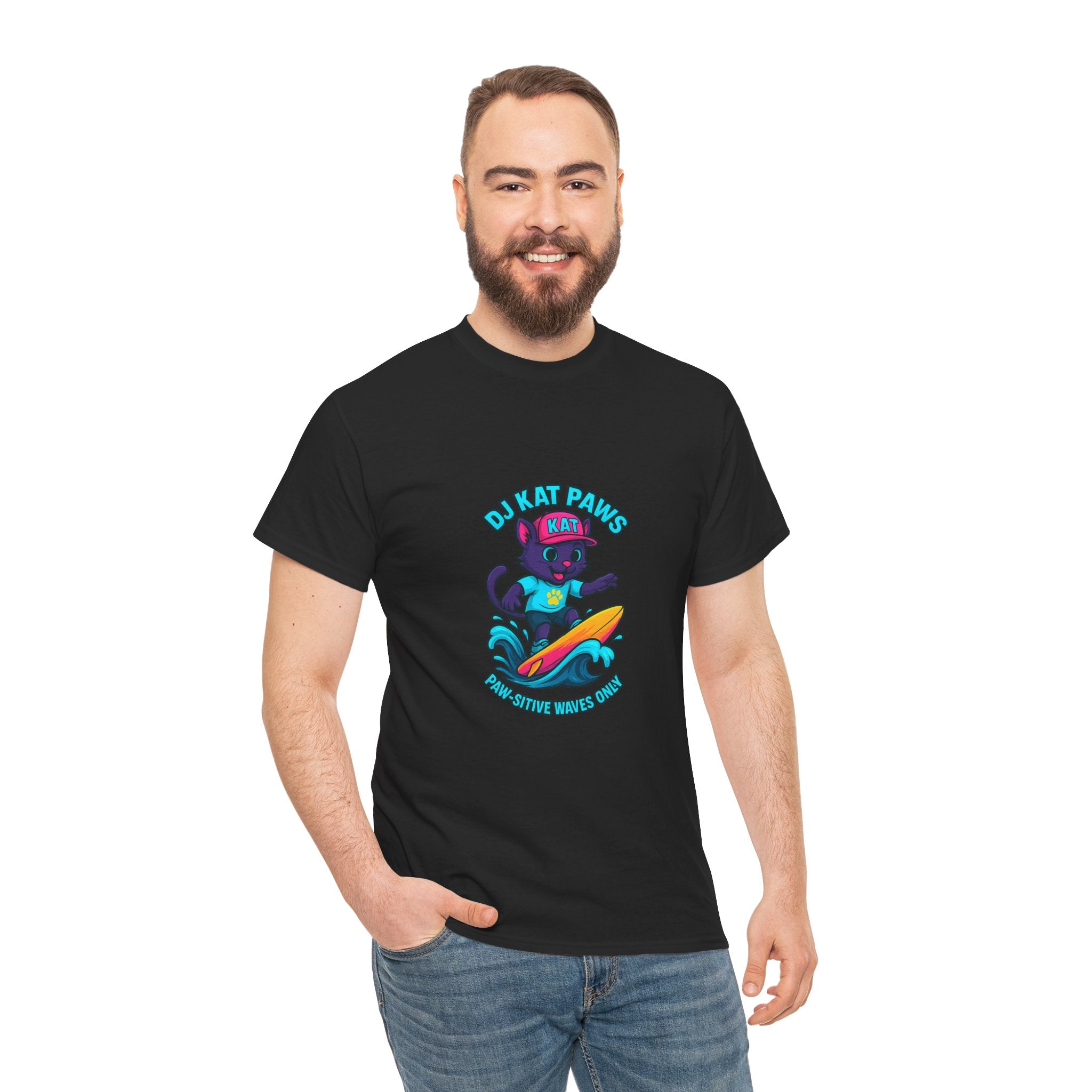 DJ KAT PAWS Surfing Fun T-Shirt | Stay Cool, Have Fun, Play Safe, Be You! | Fun Summer Tee, Gift for Cat Lovers, Beach Vibes