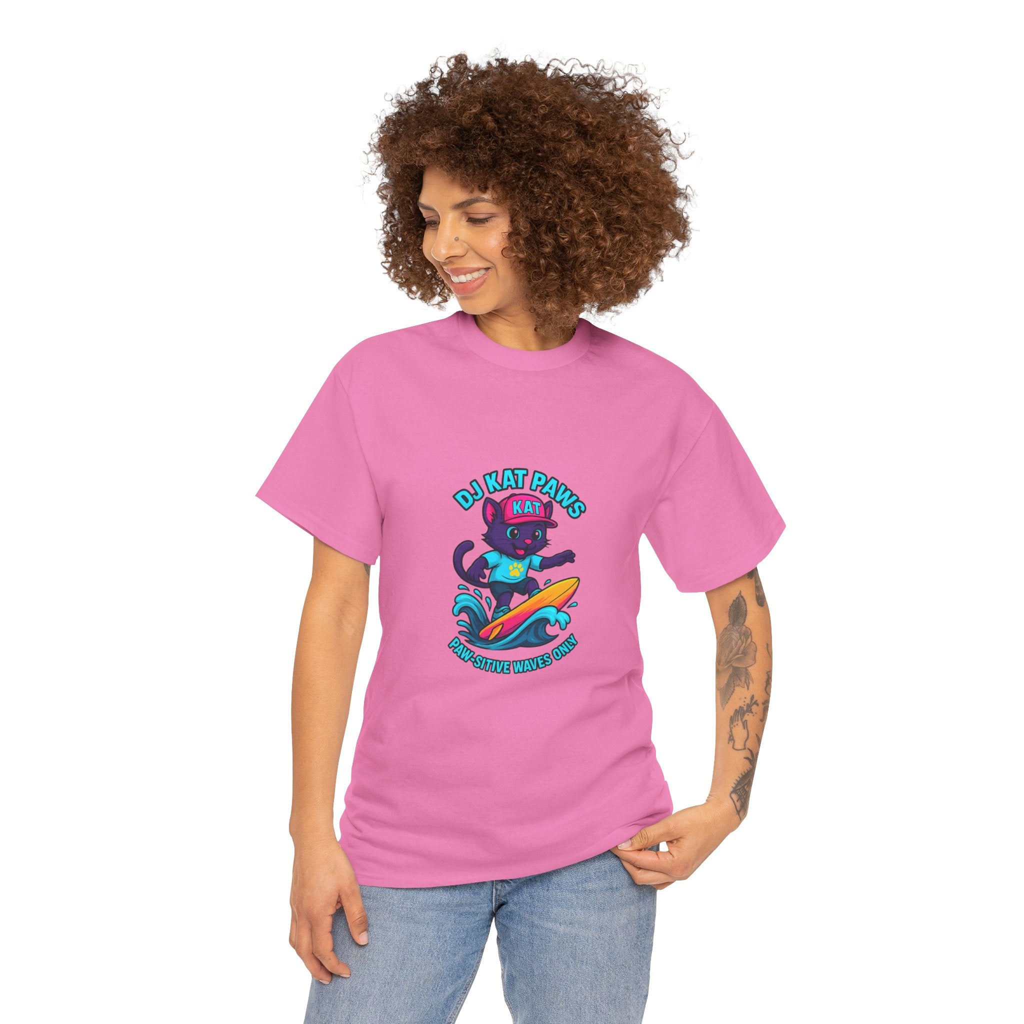 DJ KAT PAWS Surfing Fun T-Shirt | Stay Cool, Have Fun, Play Safe, Be You! | Fun Summer Tee, Gift for Cat Lovers, Beach Vibes