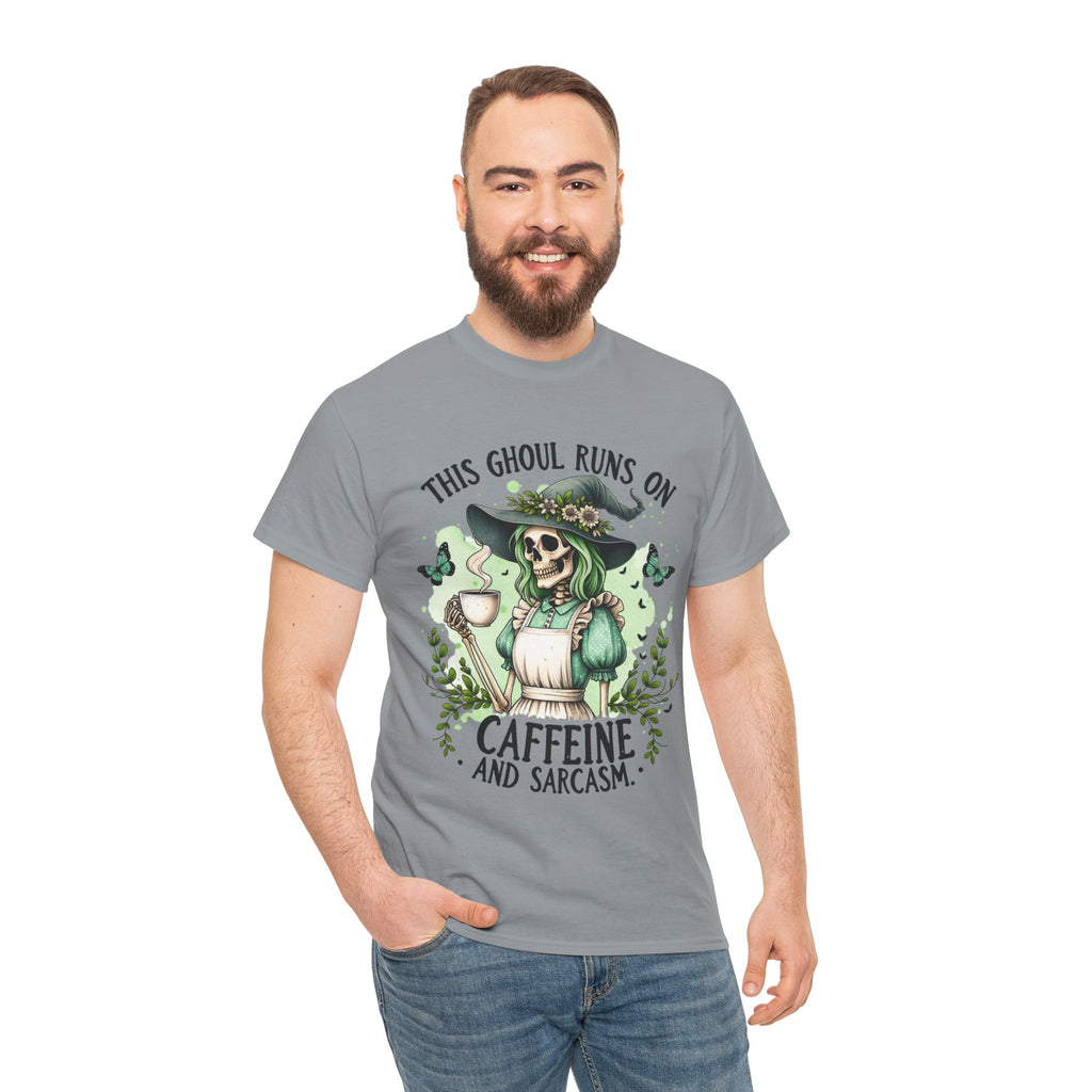 Caffeine and Sarcasm, Funny Halloween Tee, Unisex Tee, Perfect for Gifting, October Festivities, Casual Wear, Skeleton Graphic Tee