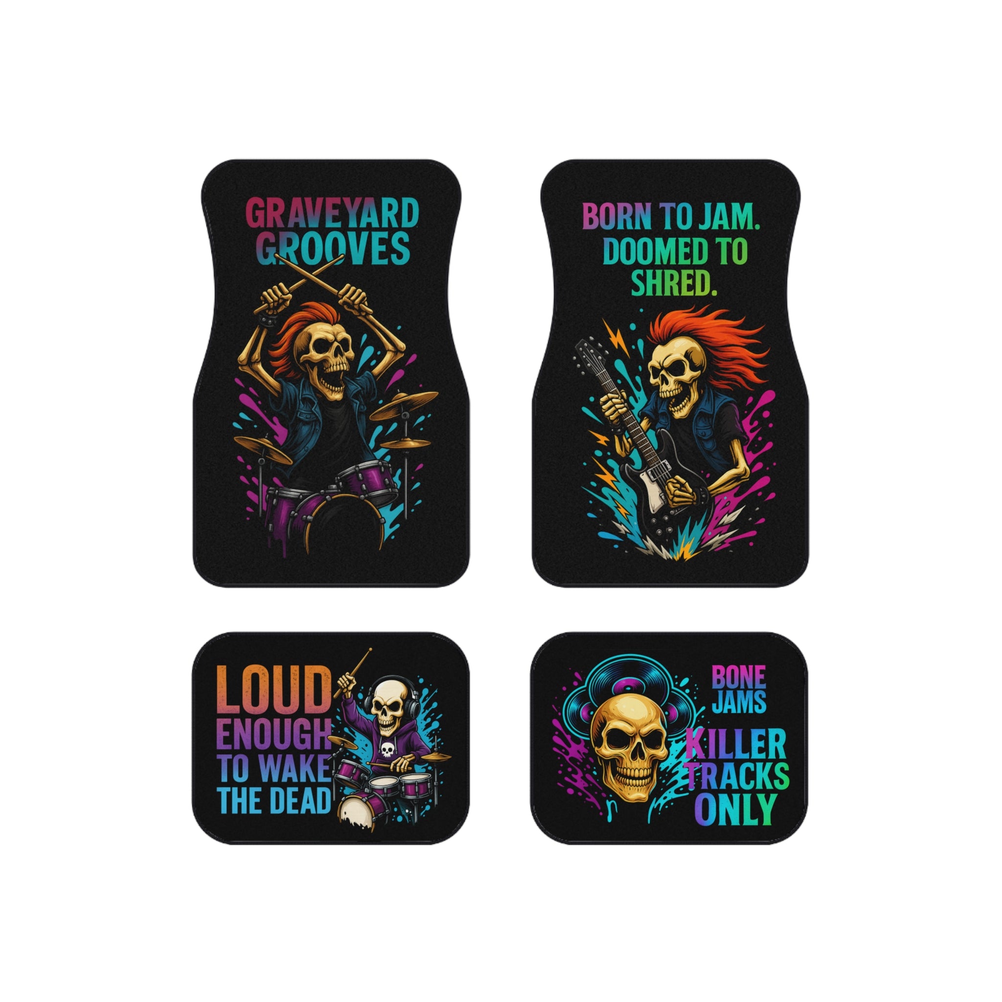 Bone Jams MC Bonez, Rockin' Car Mats (Set of 4) for Music Lovers, Punk Vibes, Skull Design, Unique Auto Accessories, Perfect for Gifts