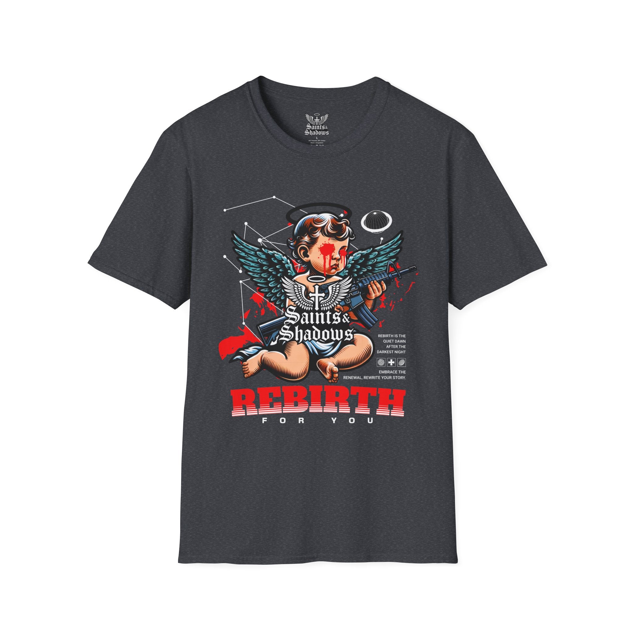 Saints and Shadows - Rebirth, Angelic Artwork Unisex Softstyle T-Shirt, Casual Wear