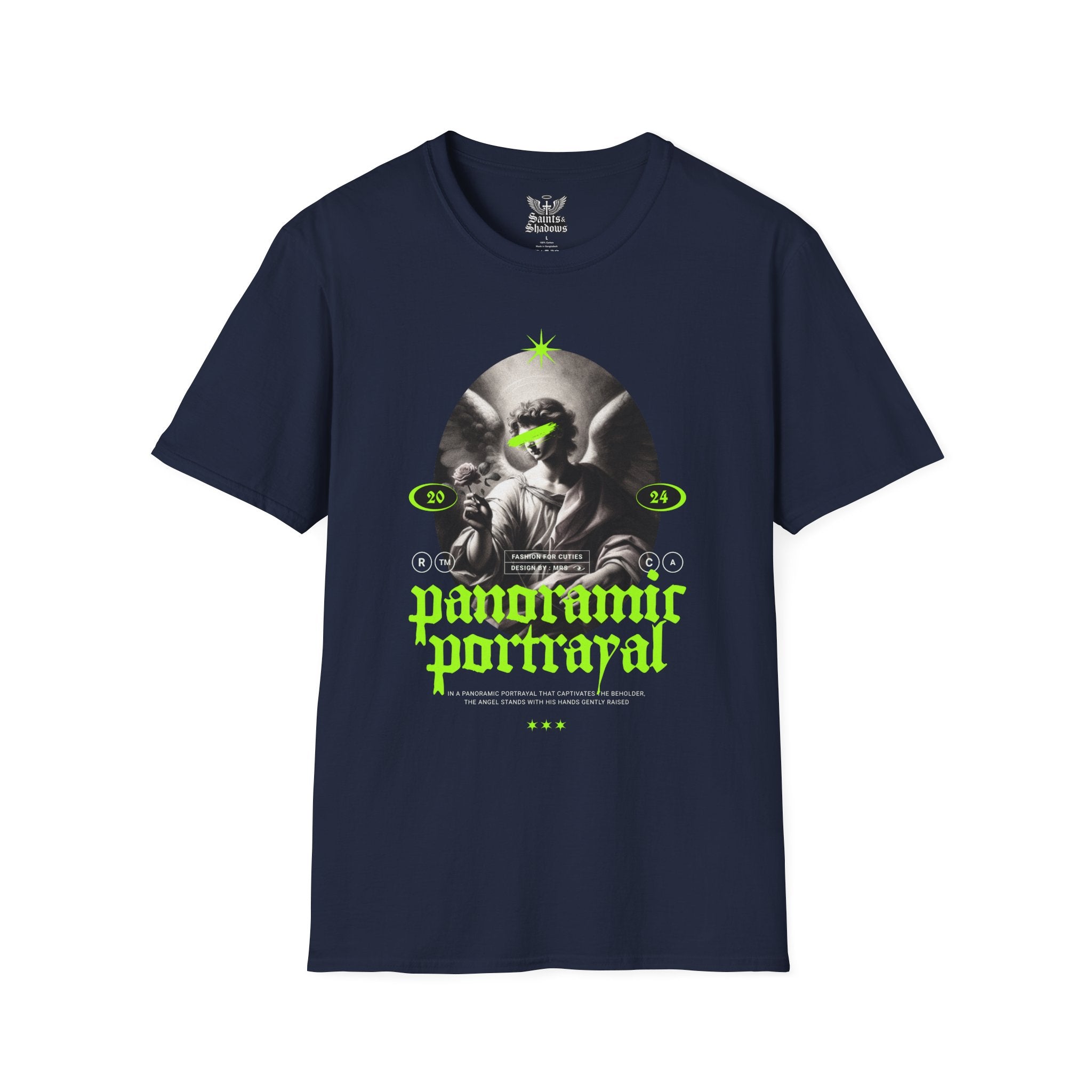 Saints and Shadows - Panoramic Portrayal, Angelic Artwork Unisex Softstyle T-Shirt, Casual Wear