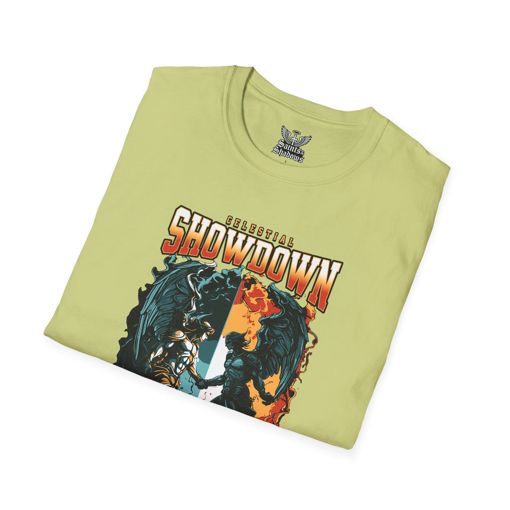 Saints and Shadows - Epic Showdown, Angelic Artwork Unisex Softstyle T-Shirt, Casual Wear