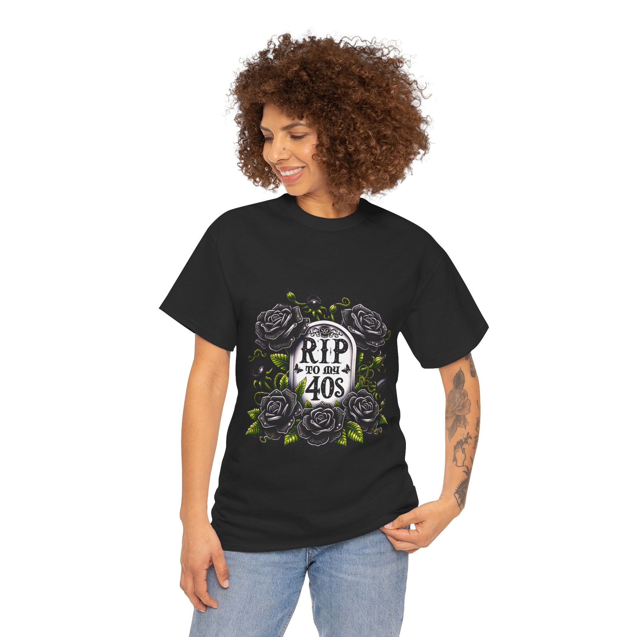 RIP to My 40s Tee, Heavy, Unisex Graphic Shirt, Birthday Gift, Casual Wear, Vintage Style, Floral Design T-shirt