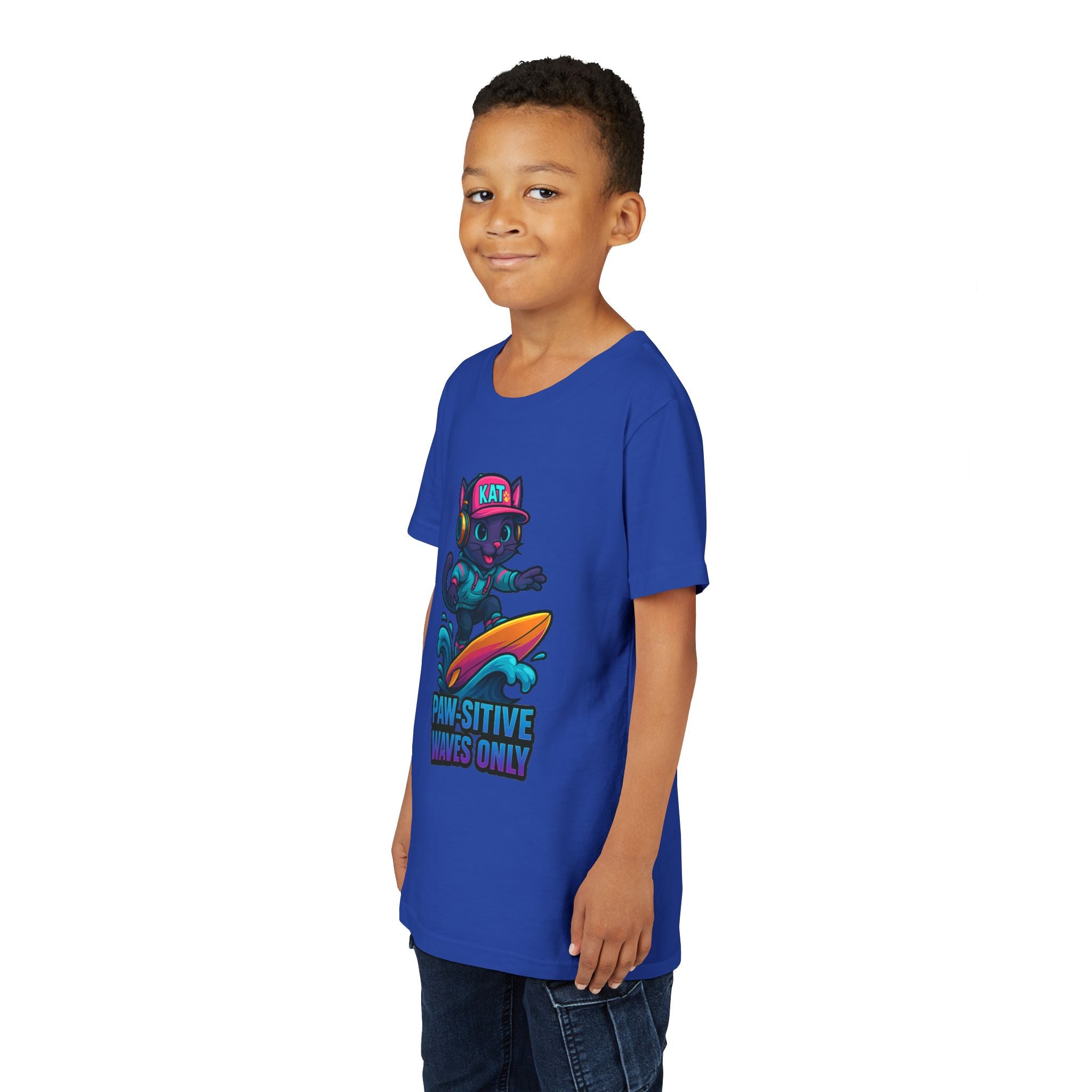 DJ KAT PAWS Paw-Sitive Waves Only, Youth Tee | Kids Surfing T-Shirt, Fun Cat Graphic Top, Summer Apparel, Gifts for Animal Lovers