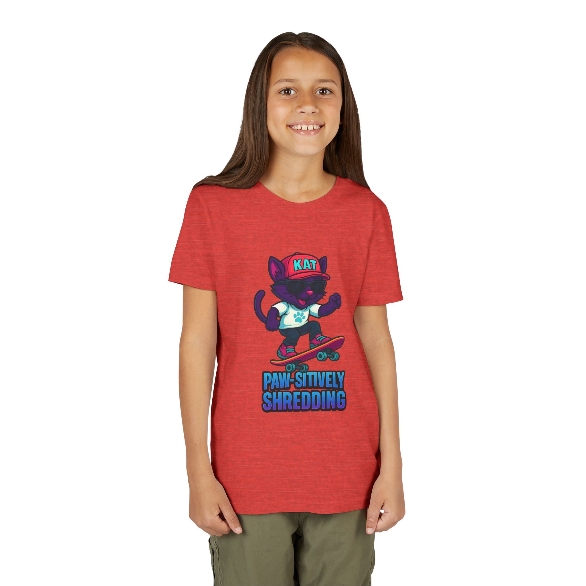 DJ KAT PAWS Paw-sitively Shredding, Skateboarding Youth Tee | Fun Summer Shirt, Motivational Kids T-Shirt, Birthday Gift for Boys & Girls