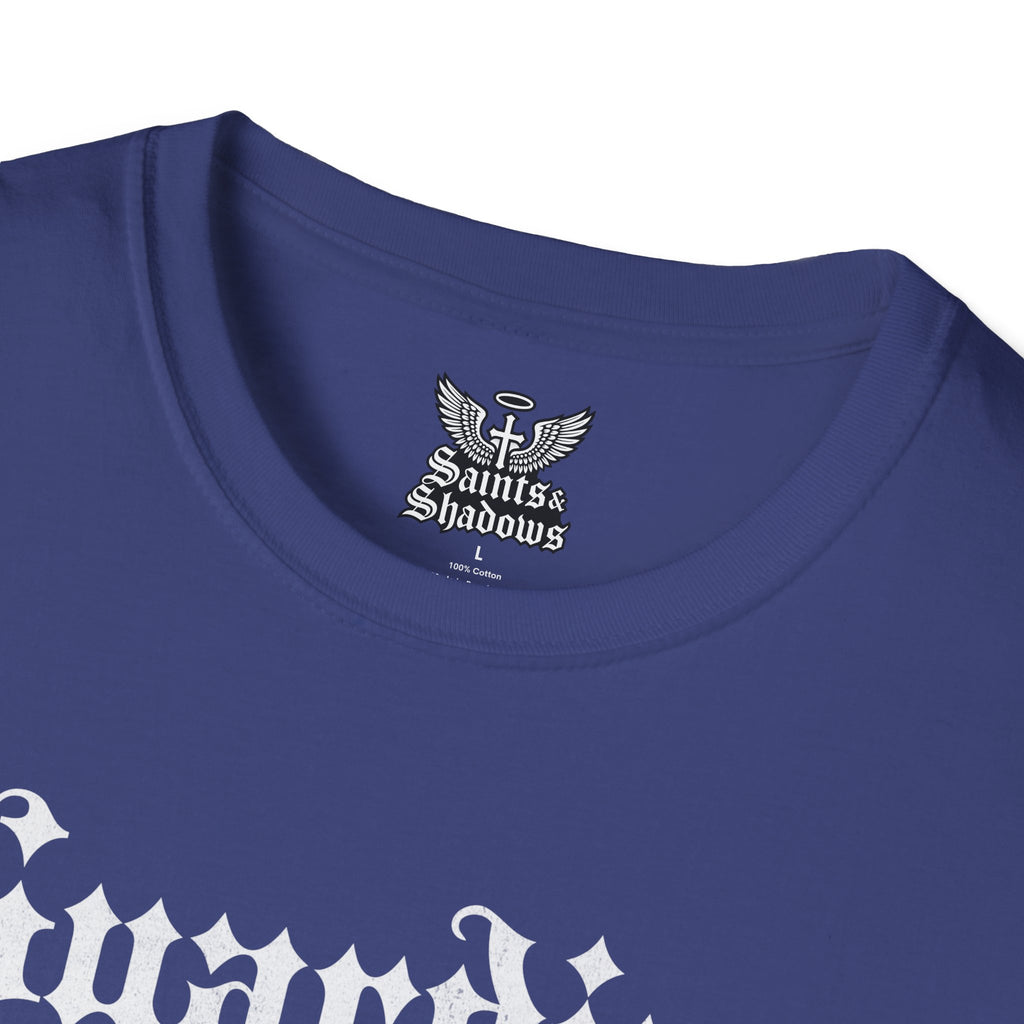 Saints and Shadows - Guardian of the Skyline, Angelic Artwork Unisex Softstyle T-Shirt, Casual Wear
